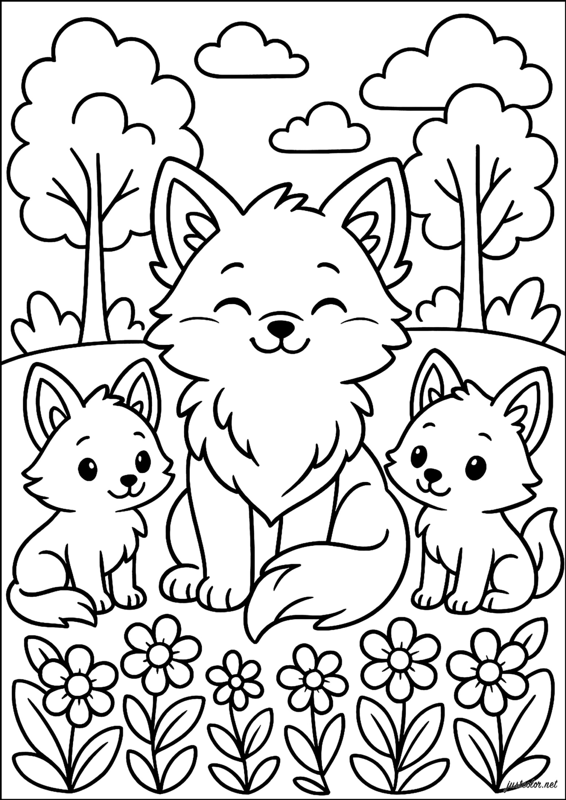 Family Of Foxes Fox Coloring Pages