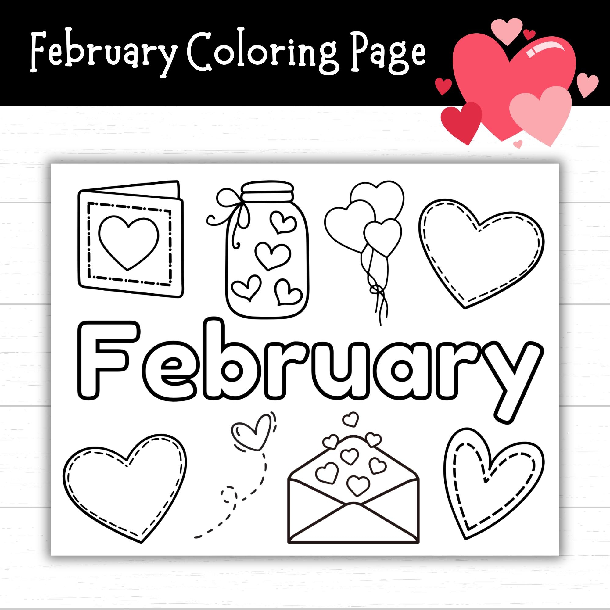 February Coloring Page Printable For Kids Valentine Coloring Page February Printable Activity Classroom Home Use Etsy