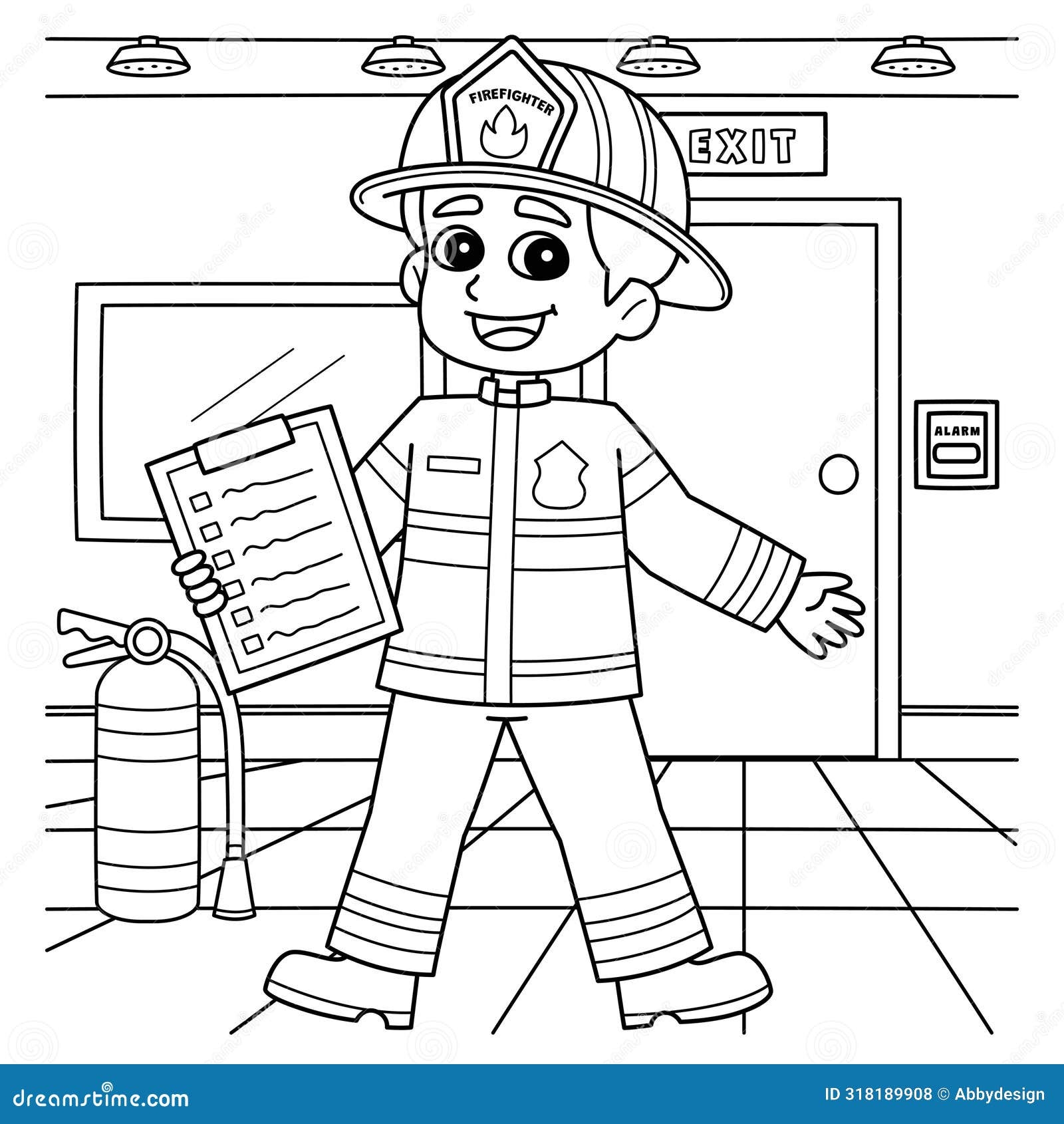 Firefighter With A Fire Safety Checklist Coloring Stock Vector Illustration Of Outline Coloring 318189908
