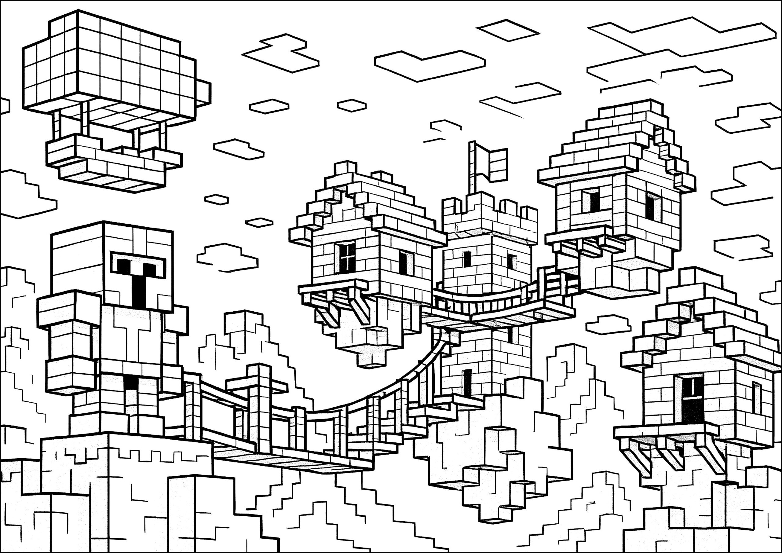 Floating Houses Minecraft Coloring Pages