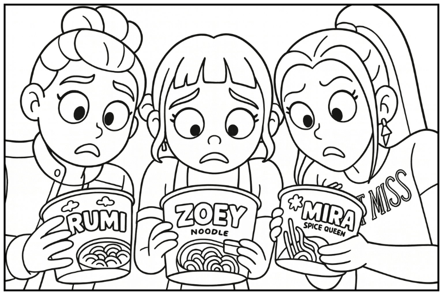 Free Huntrix Eating Ramen Cute Version Coloring Sheet Coloring Pages KPop Demon Hunters Printable 
