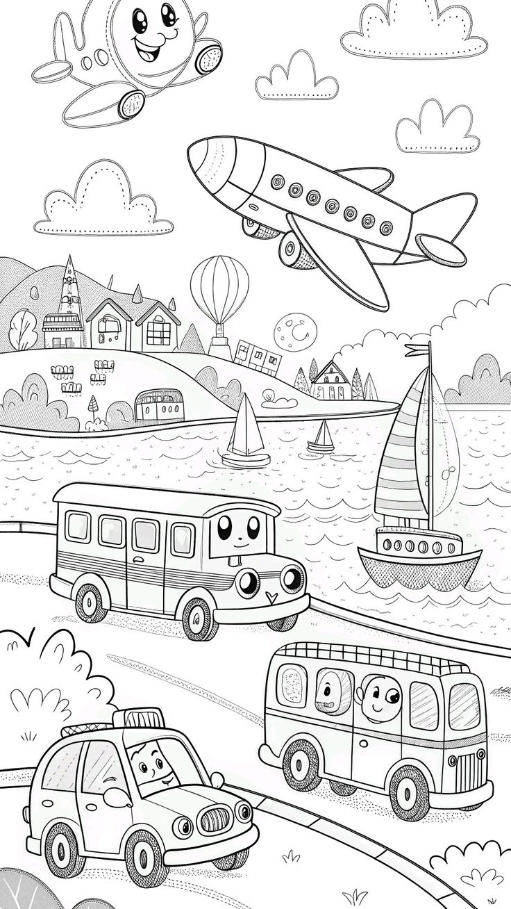 FREE Kawaii Transportation Coloring Page Planes Cars Boats Adventure 