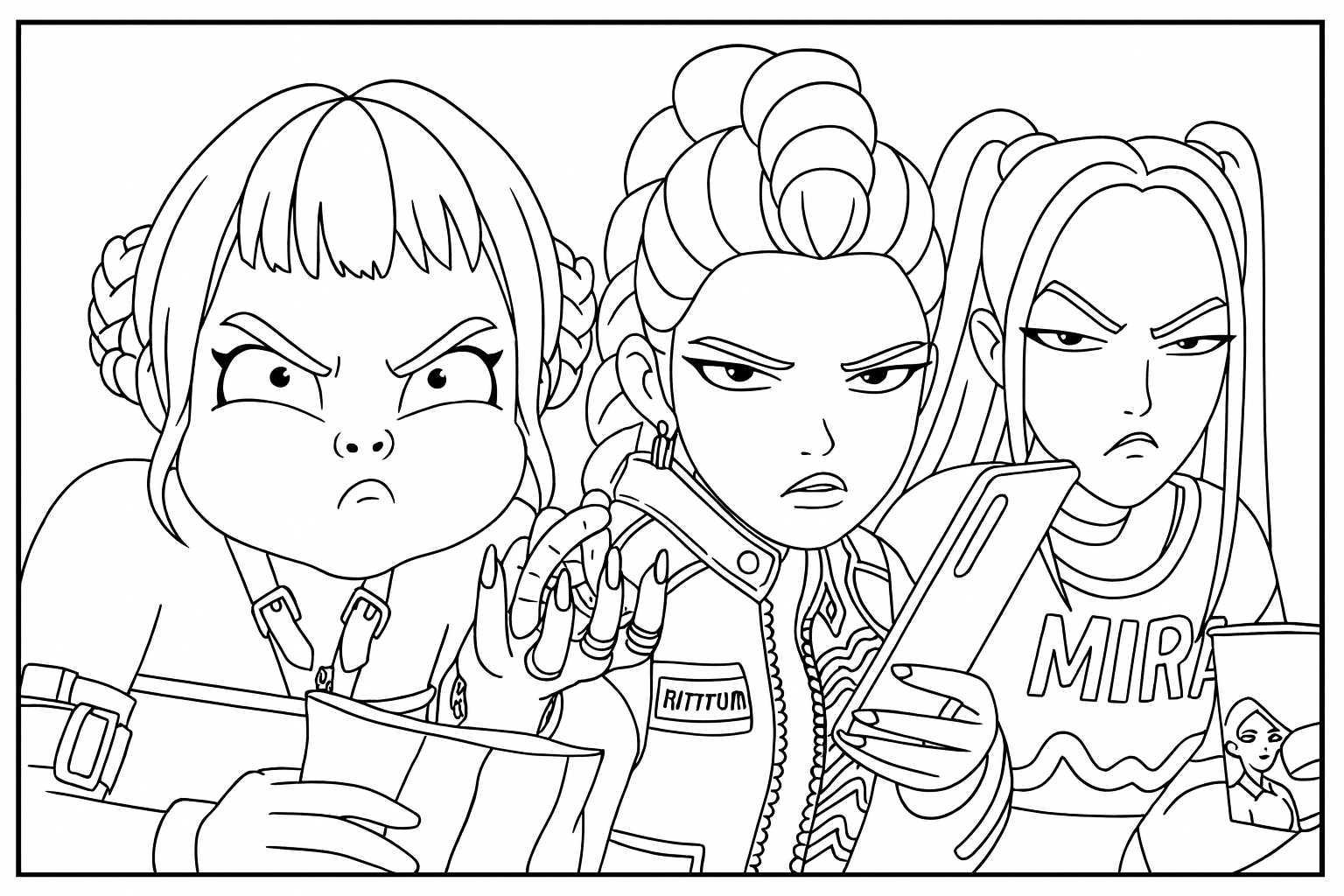 Free Rumi Mira Zoey Snack Time Coloring Pages KPop Demon Hunters Printable 