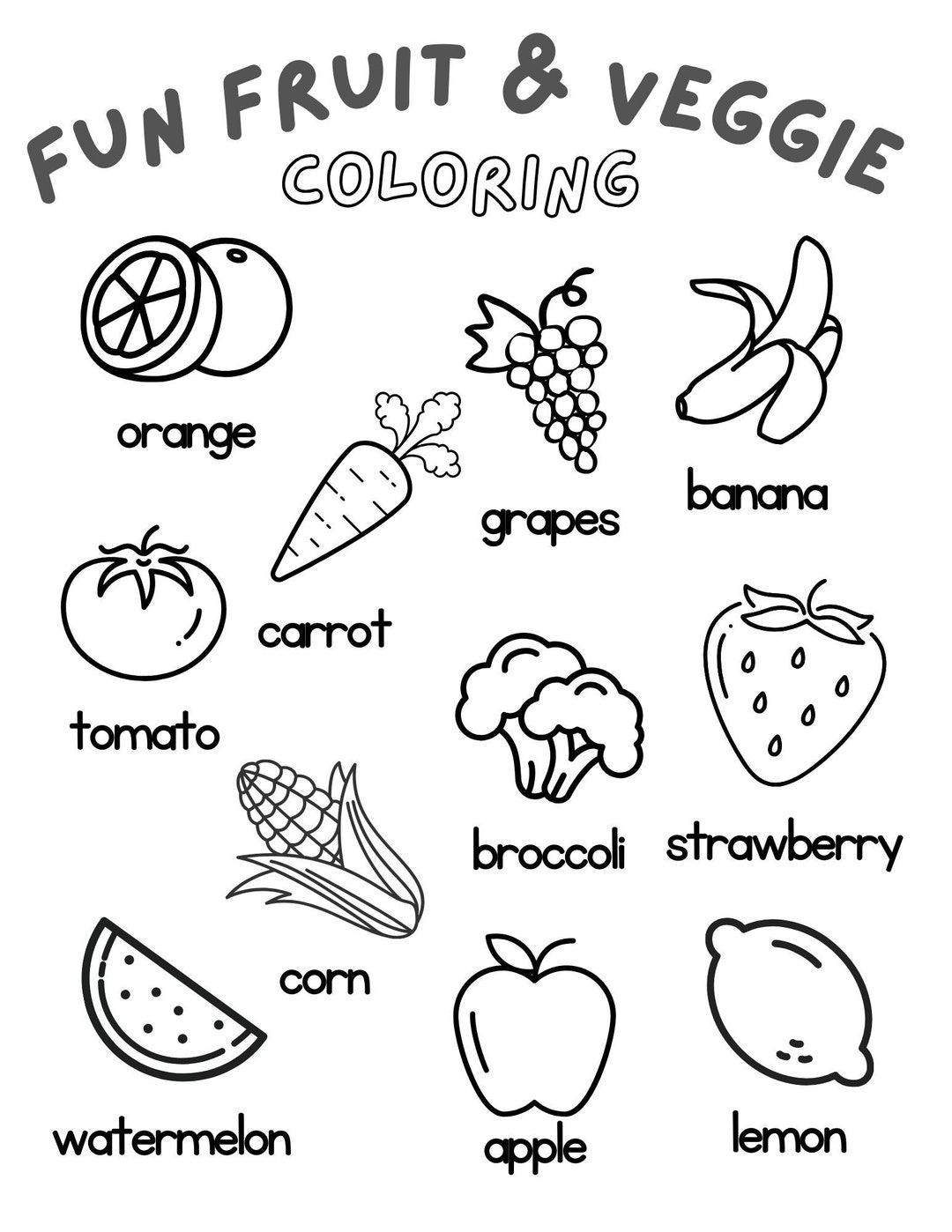 Fruit And Veggie Coloring Sheet Etsy