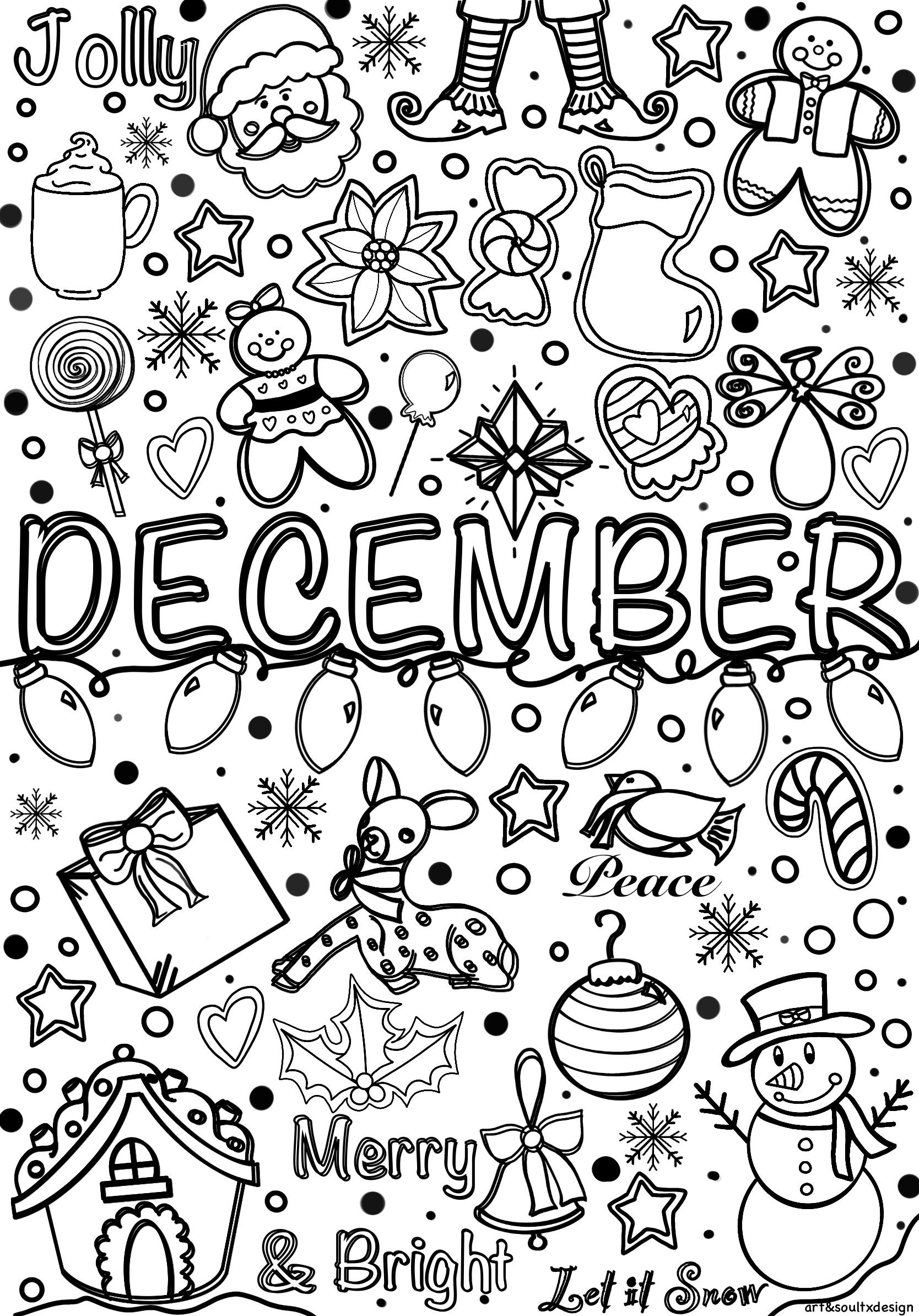 Hand drawn Winter Coloring Pages December January February Seasonal Winter Valentines Christmas Etsy