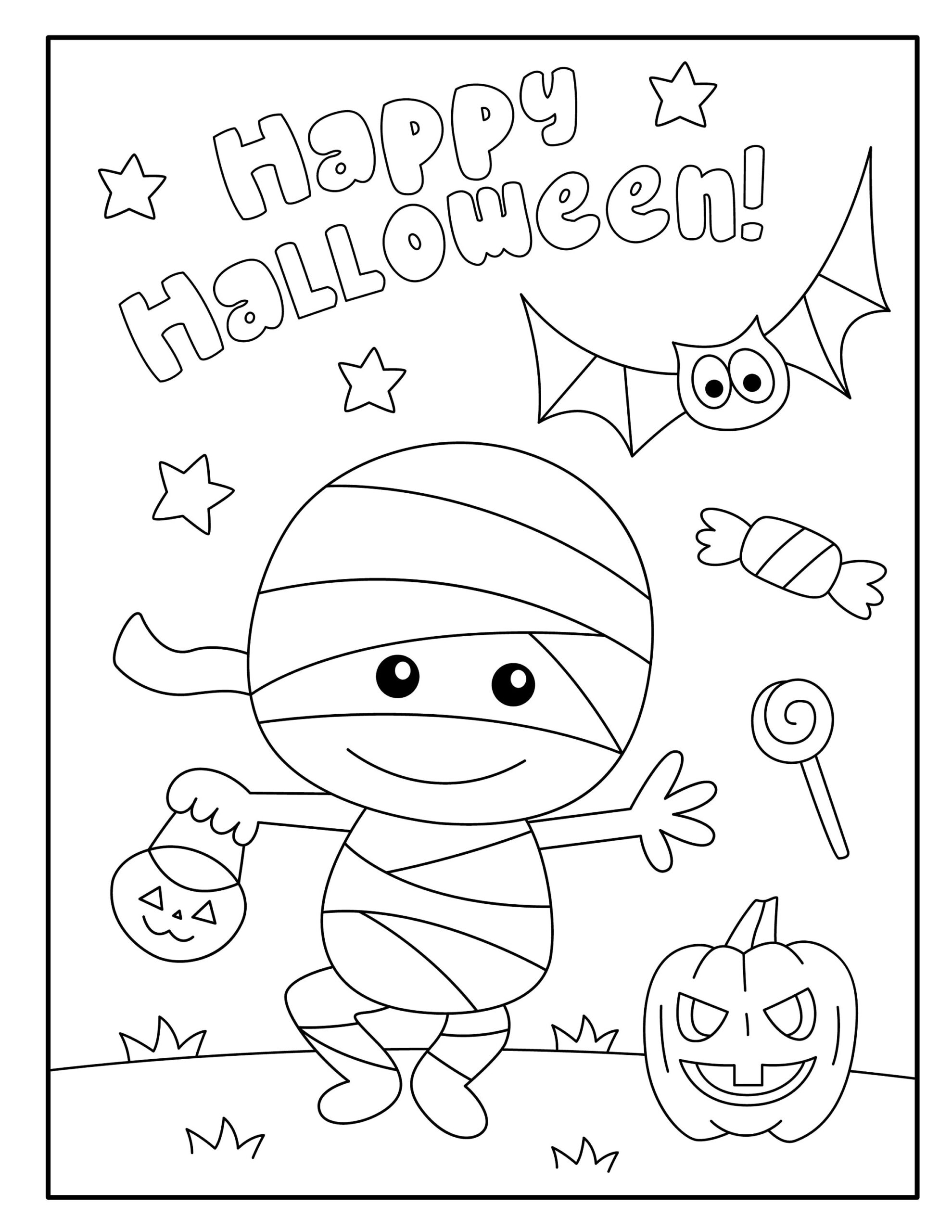 Happy Halloween Coloring Page For Kids Cute Mummy Bat Pumpkin Digital Download EPS Vector And JPG File Toddler Fun Activity Etsy Denmark