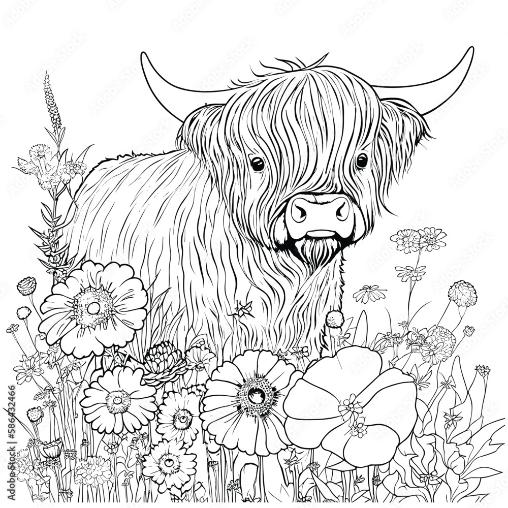 Highland Cow Coloring Pages For Adults Stock Vector Adobe Stock