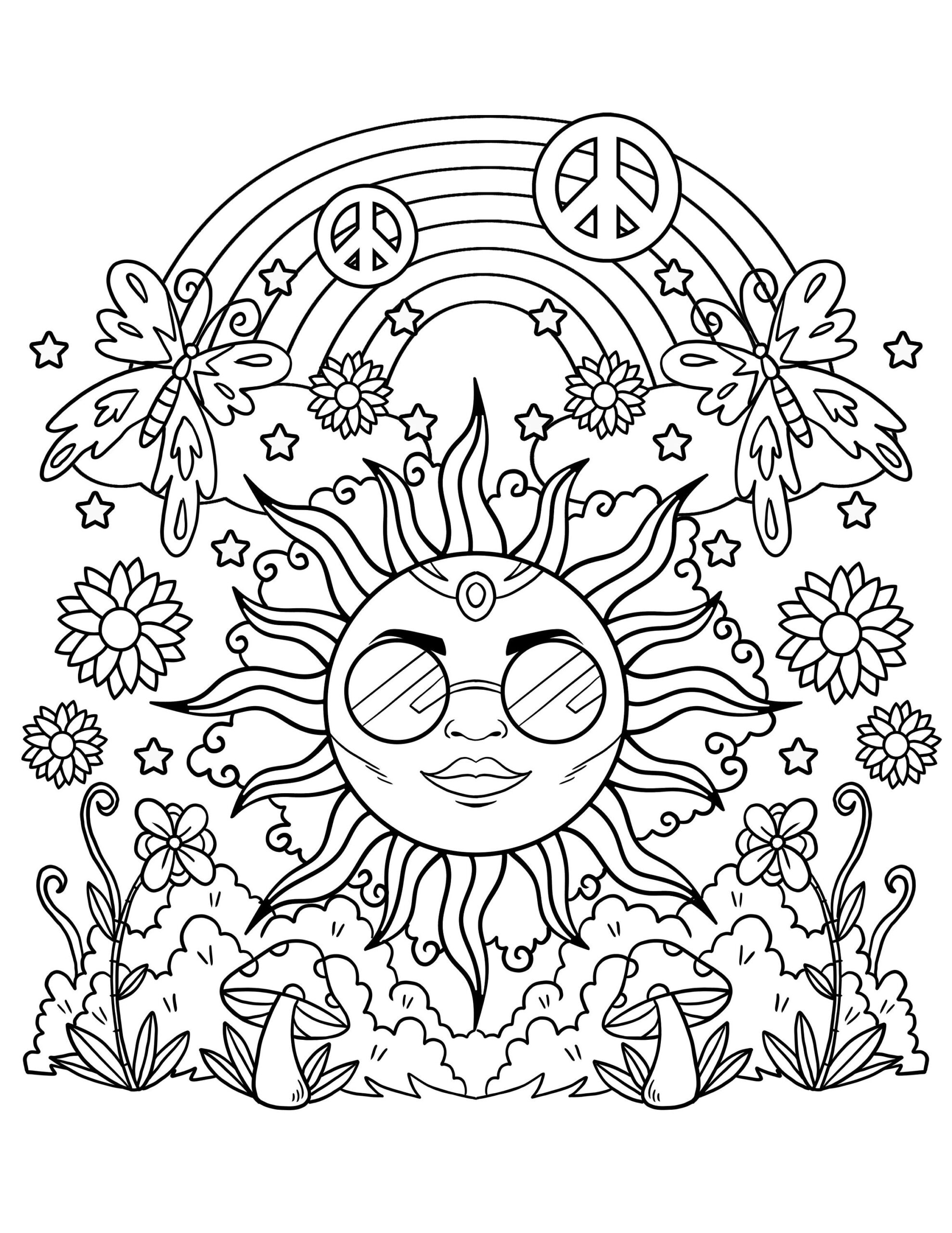 Hippie Sun Printable Coloring Pages Digital Download Trippy Coloring Book Etsy