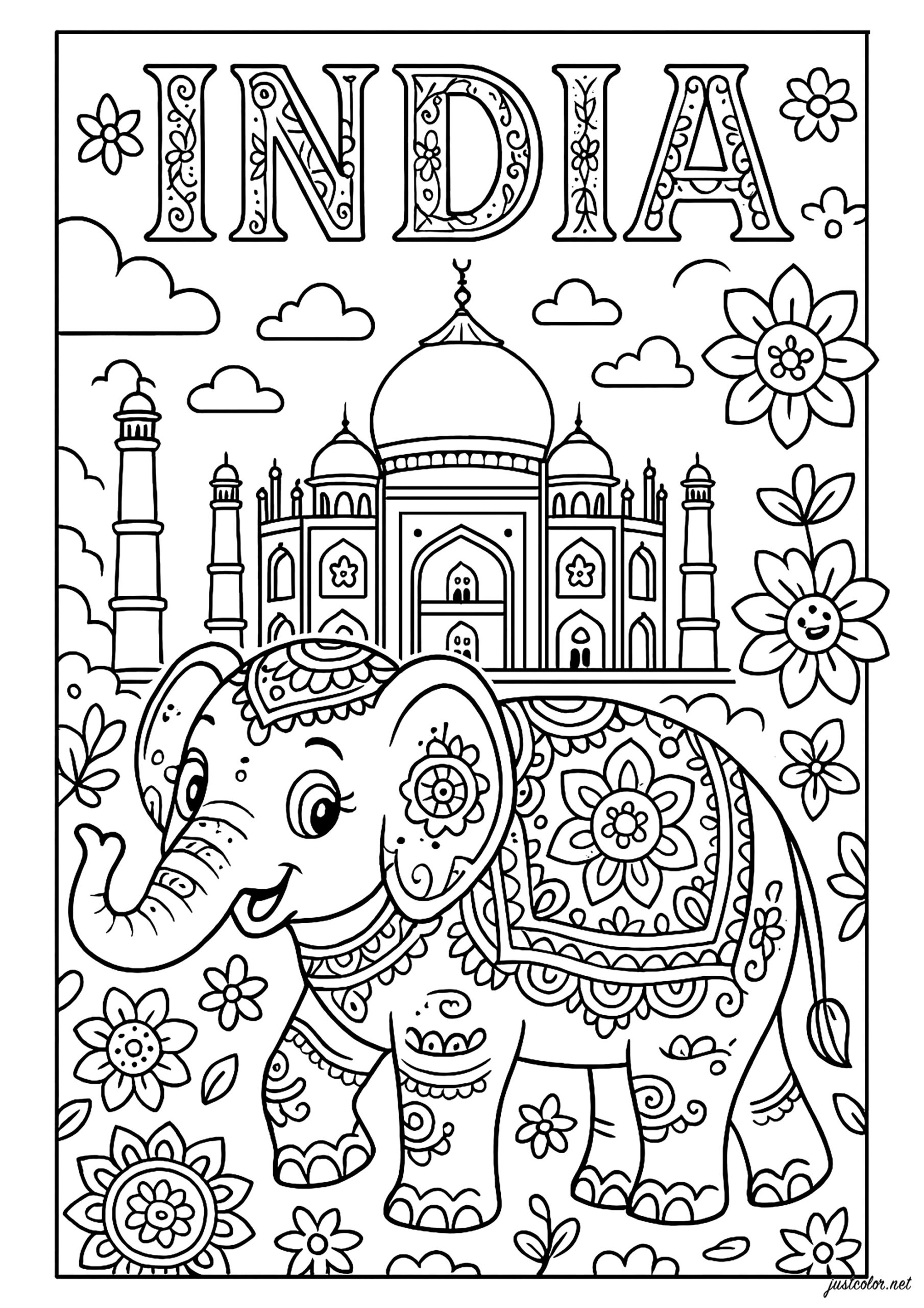 India Elephant In The Gardens Of The Taj Mahal Country Coloring Pages