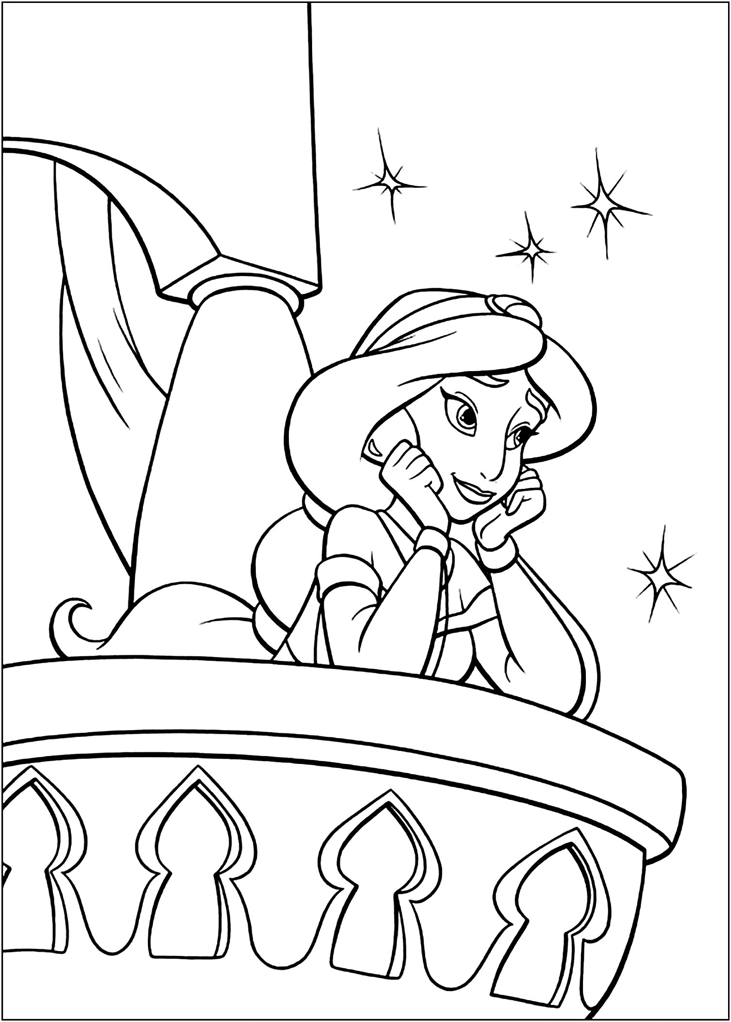 Jasmine On Her Balcony Aladdin Coloring Pages