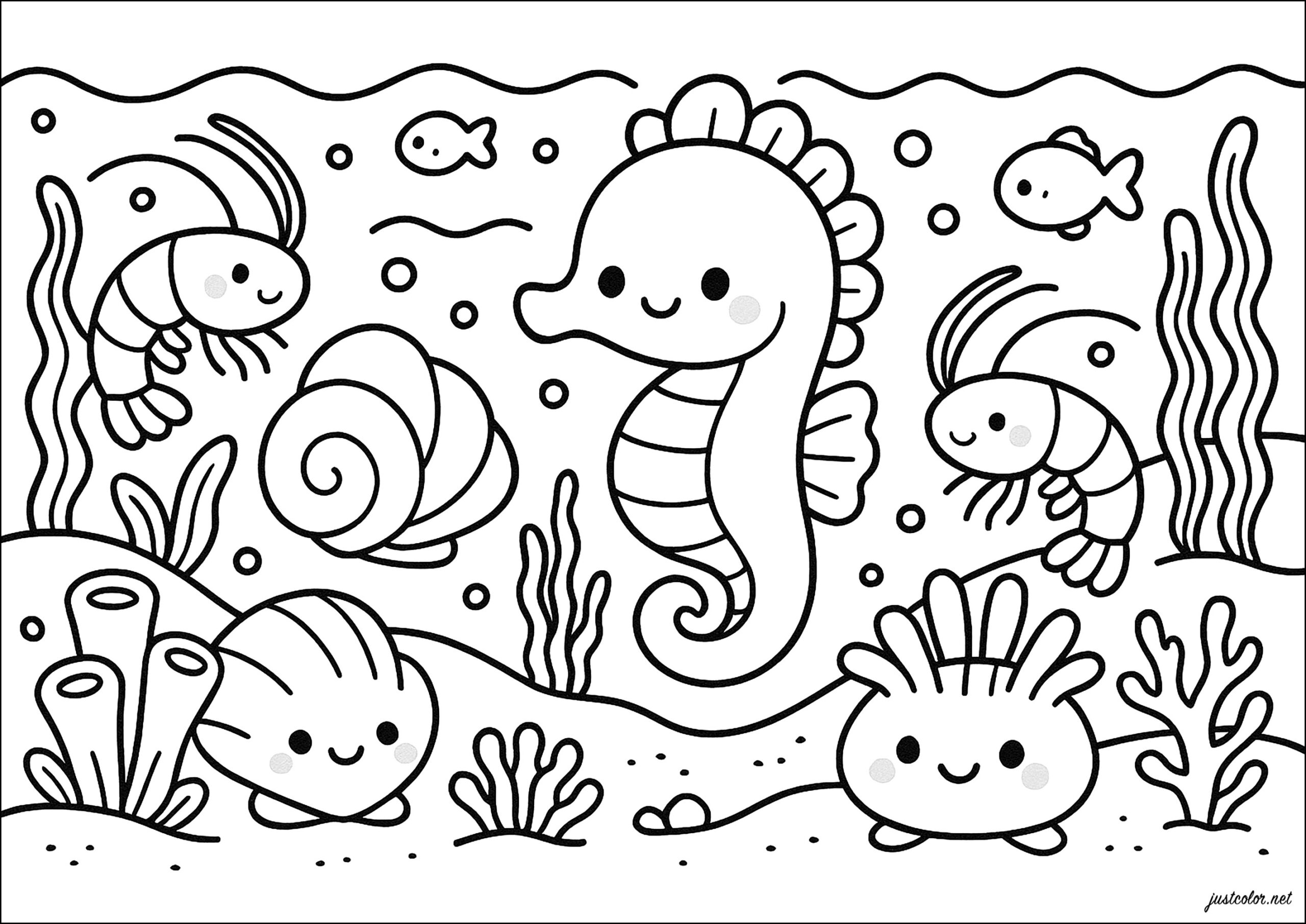 Kawaii Style Seahorse And Friends Sea Creatures Coloring Pages
