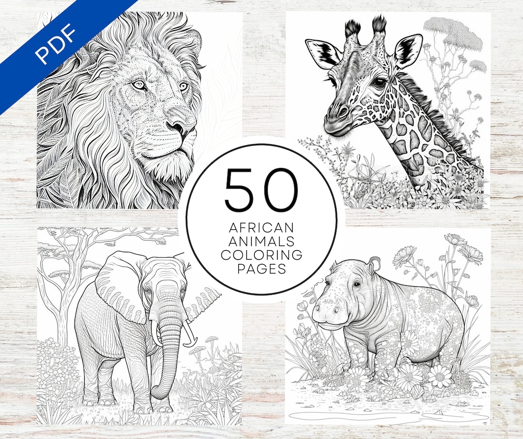 KDP Interior 50 African Animals Coloring Pages 8 5 X 11 Printable PDF Canva Template Realistic Africa Willdlife Coloring Book Etsy