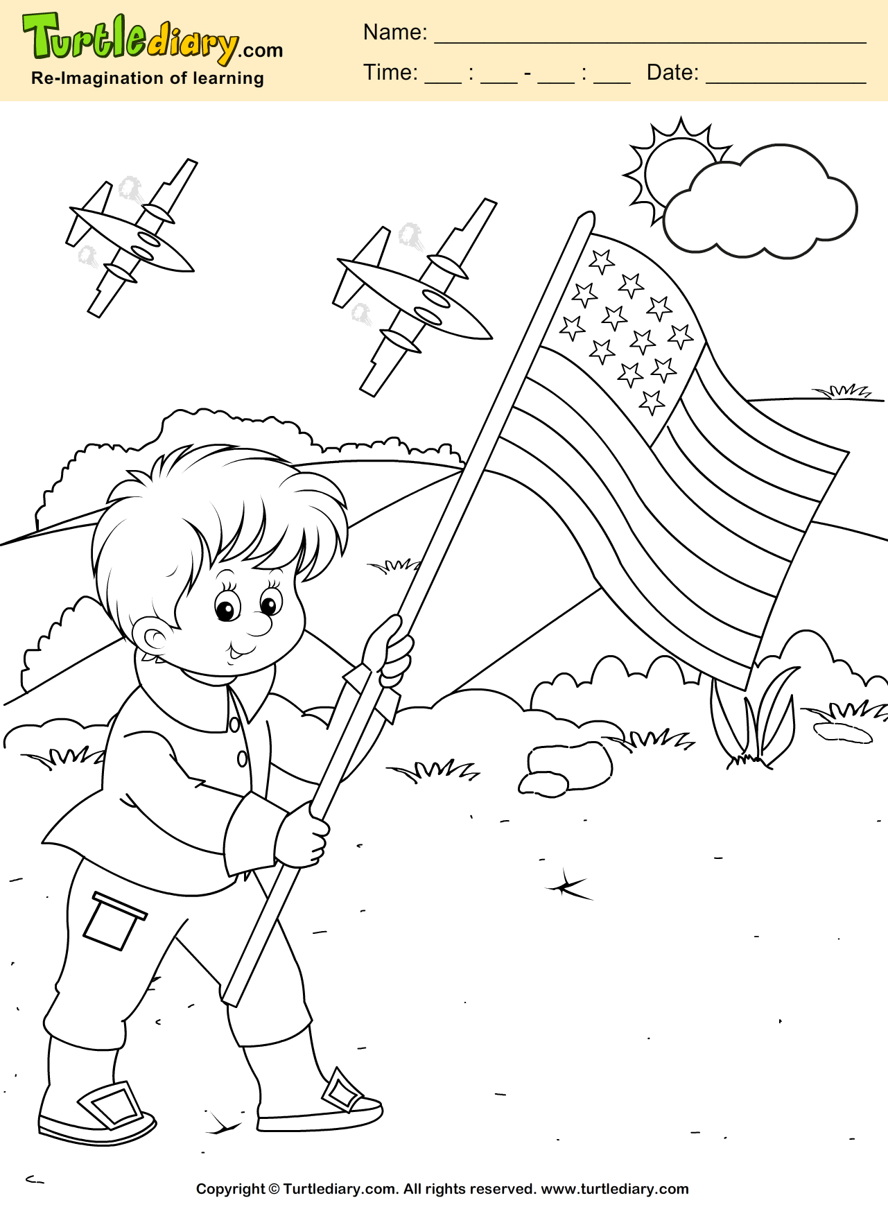 Kid With Flag Coloring Sheet Turtle Diary