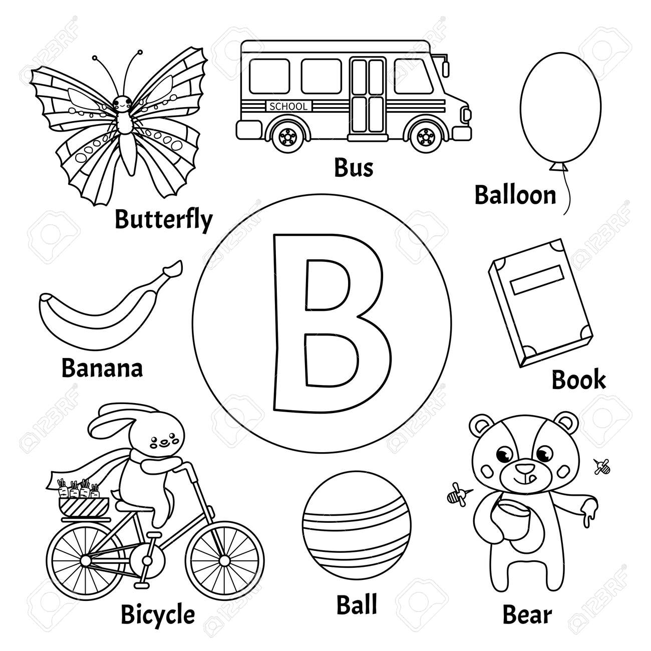 Learning Card Alphabet Letter B Set Of Cute Cartoon Illustrations Coloring Page Royalty Free SVG Cliparts Vectors And Stock Illustration Image 126973629 