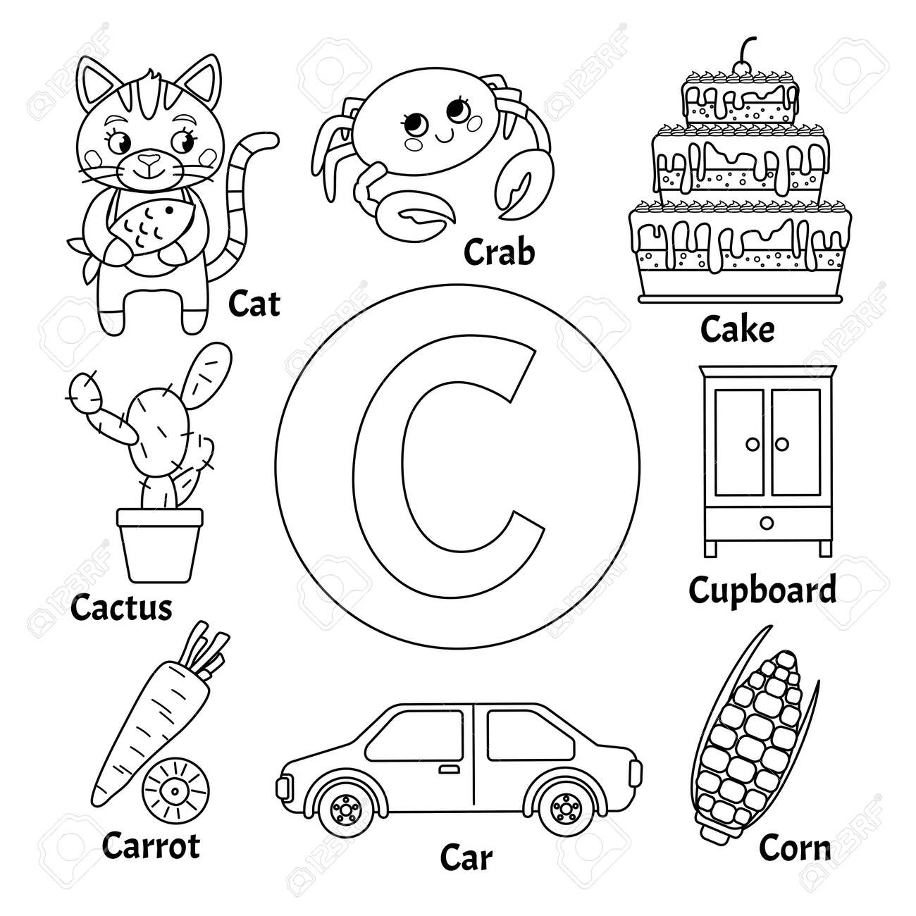 Learning Card Alphabet Letter C Set Of Cute Cartoon Illustrations Coloring Page Royalty Free SVG Cliparts Vectors And Stock Illustration Image 126973643 