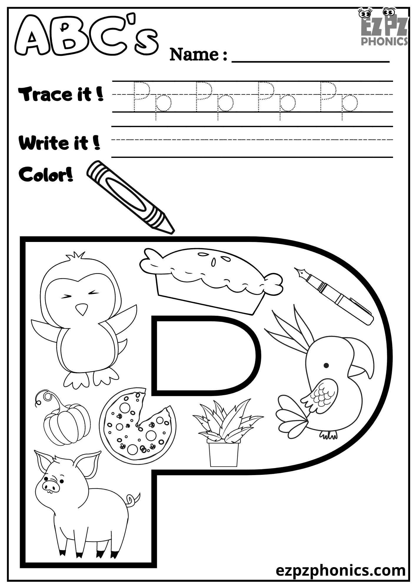 Letter P Trace Write And Color Ezpzphonics