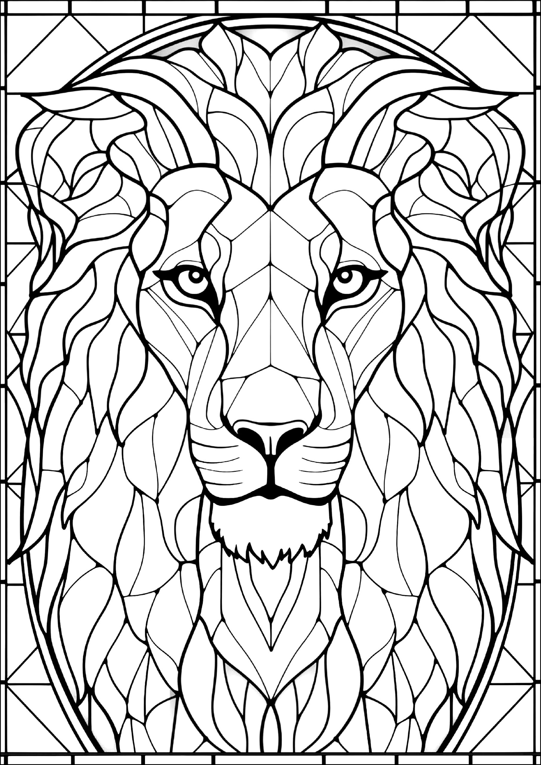 Lion Drawn Like A Stained glass Window Lion Coloring Pages For Adults