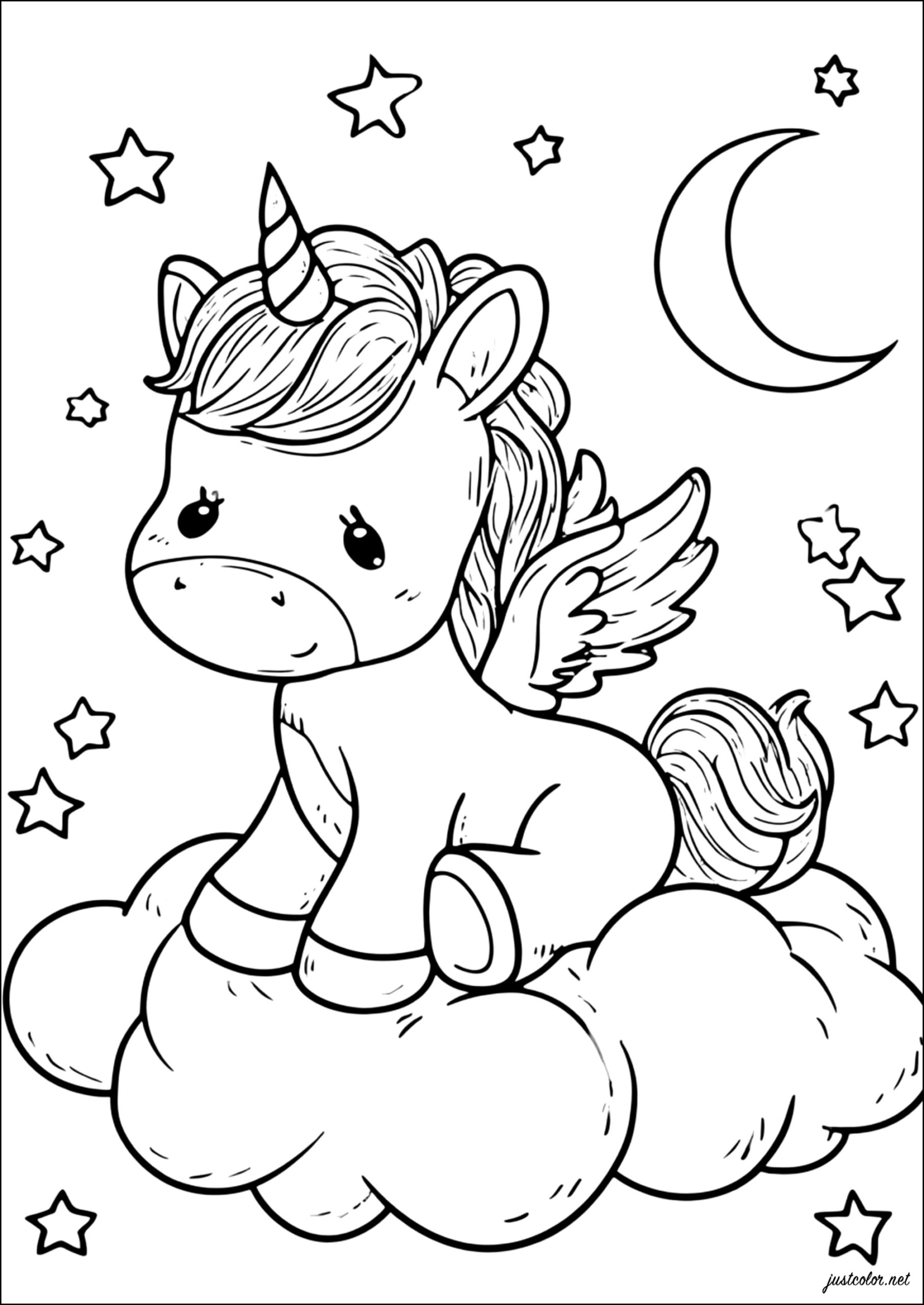 Little Unicorn Dreaming Under The Moon Unicorn Coloring Pages