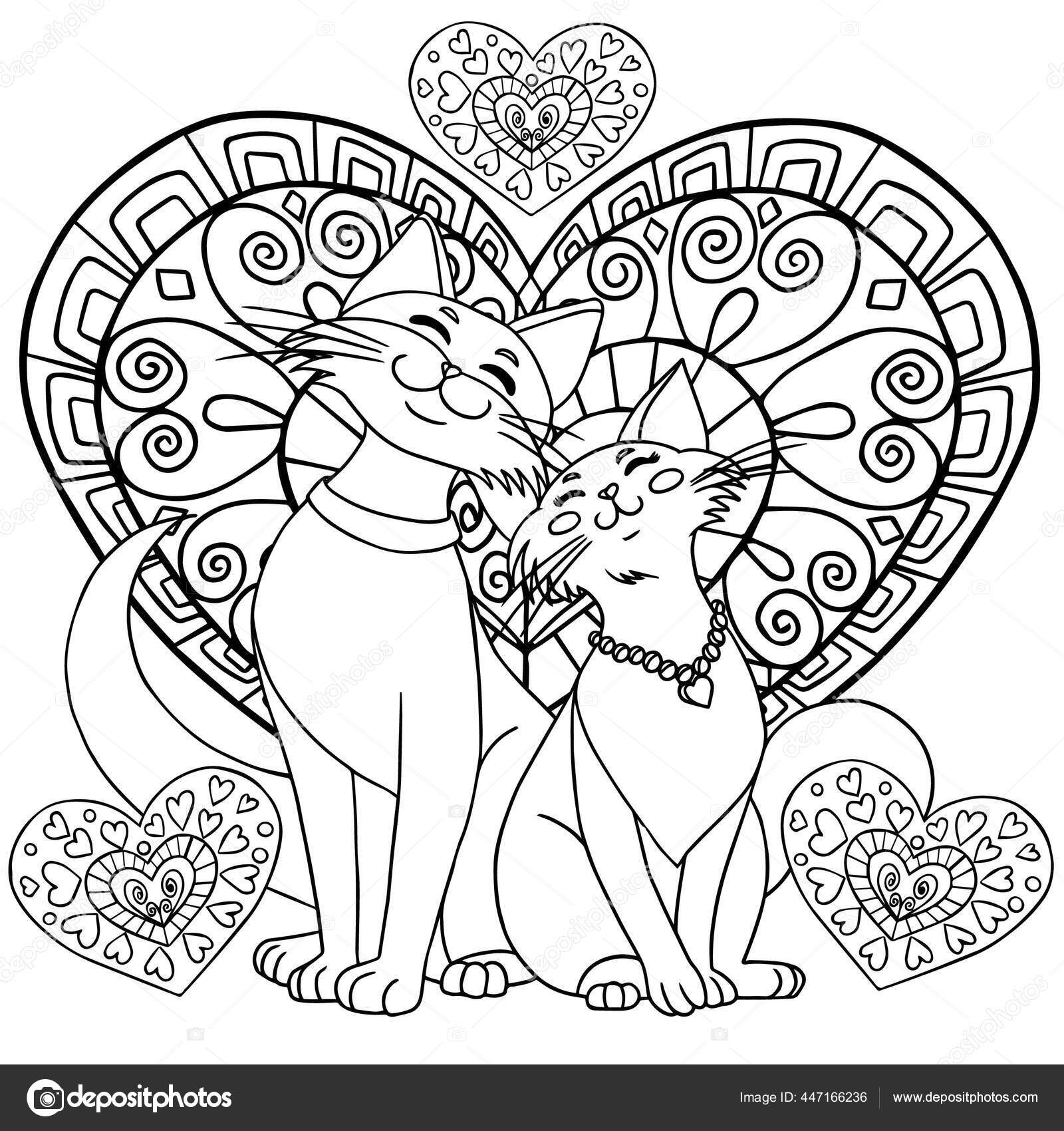 Lovely Cats Hearts Couple Animals Valentine Day Coloring Book Page Stock Vector By daniella belaya 447166236