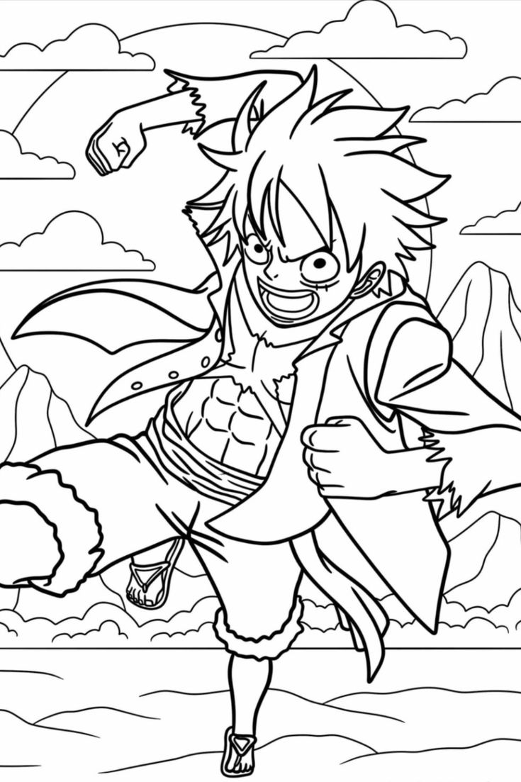 Luffy Action Pose Coloring Page One Piece Adventure