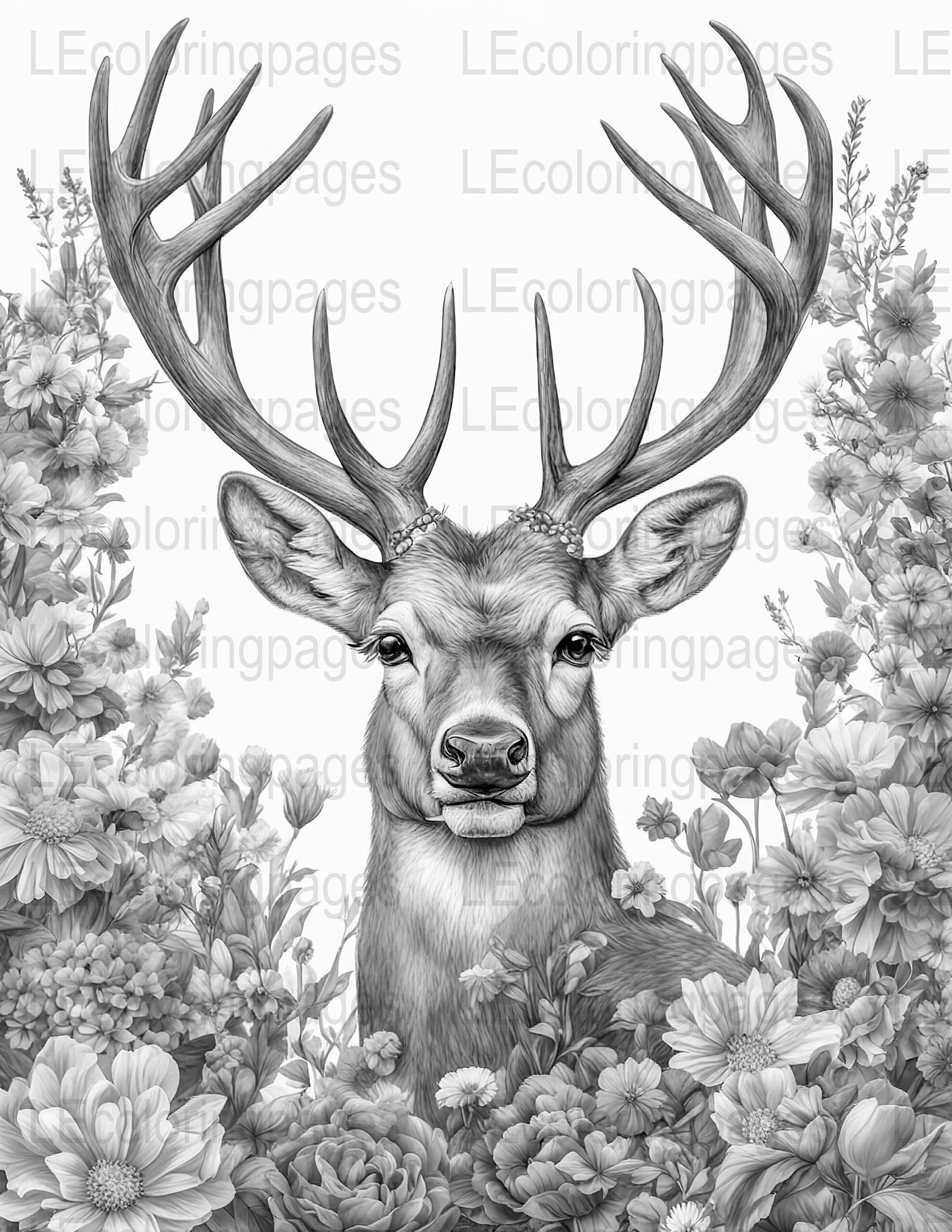 Majestic Deer In Floral Garden Adult Coloring Page Printable Grayscale Digital Download Calming Art Therapy Large Antlers Wildlife Scene Etsy