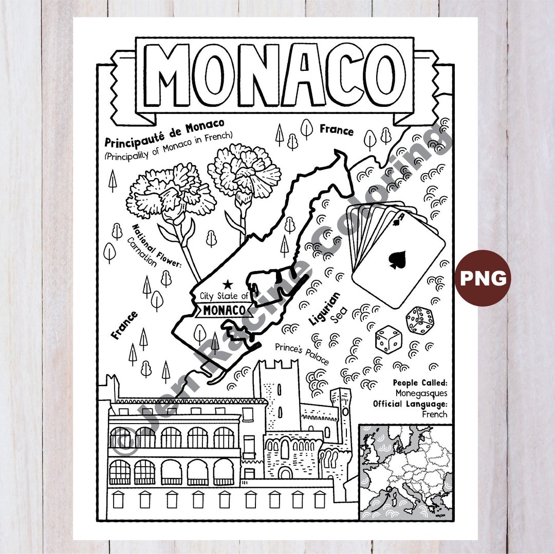 Monaco Coloring Page Geography Of Europe Digital Download Coloring Page Etsy