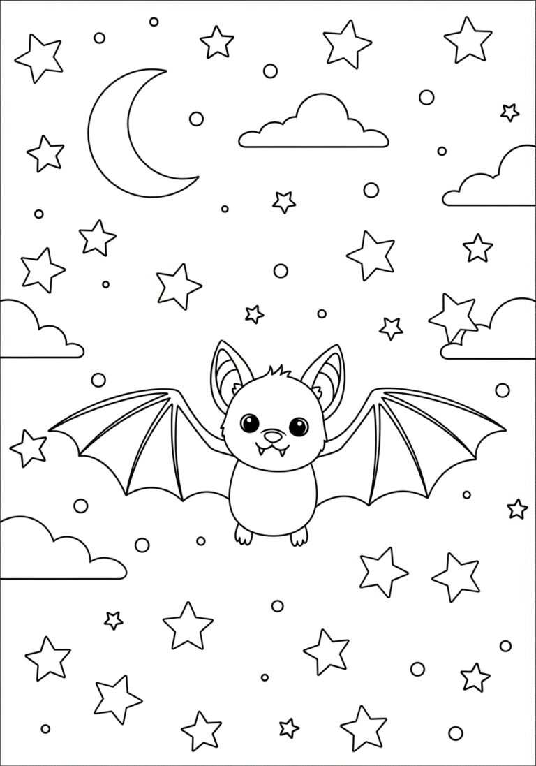 Nocturnal Sky With Stars Bat Coloring Page Printable
