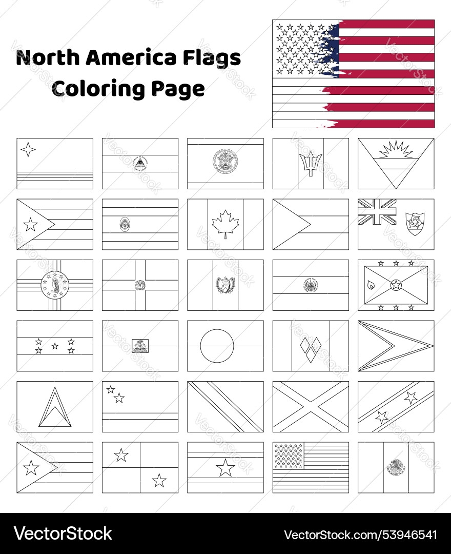 North America Flags Coloring Pages For Kids Royalty Free Vector VectorStock