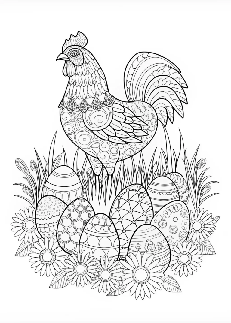 Ornate Rooster And Decorative Eggs Coloring Page Free Printable
