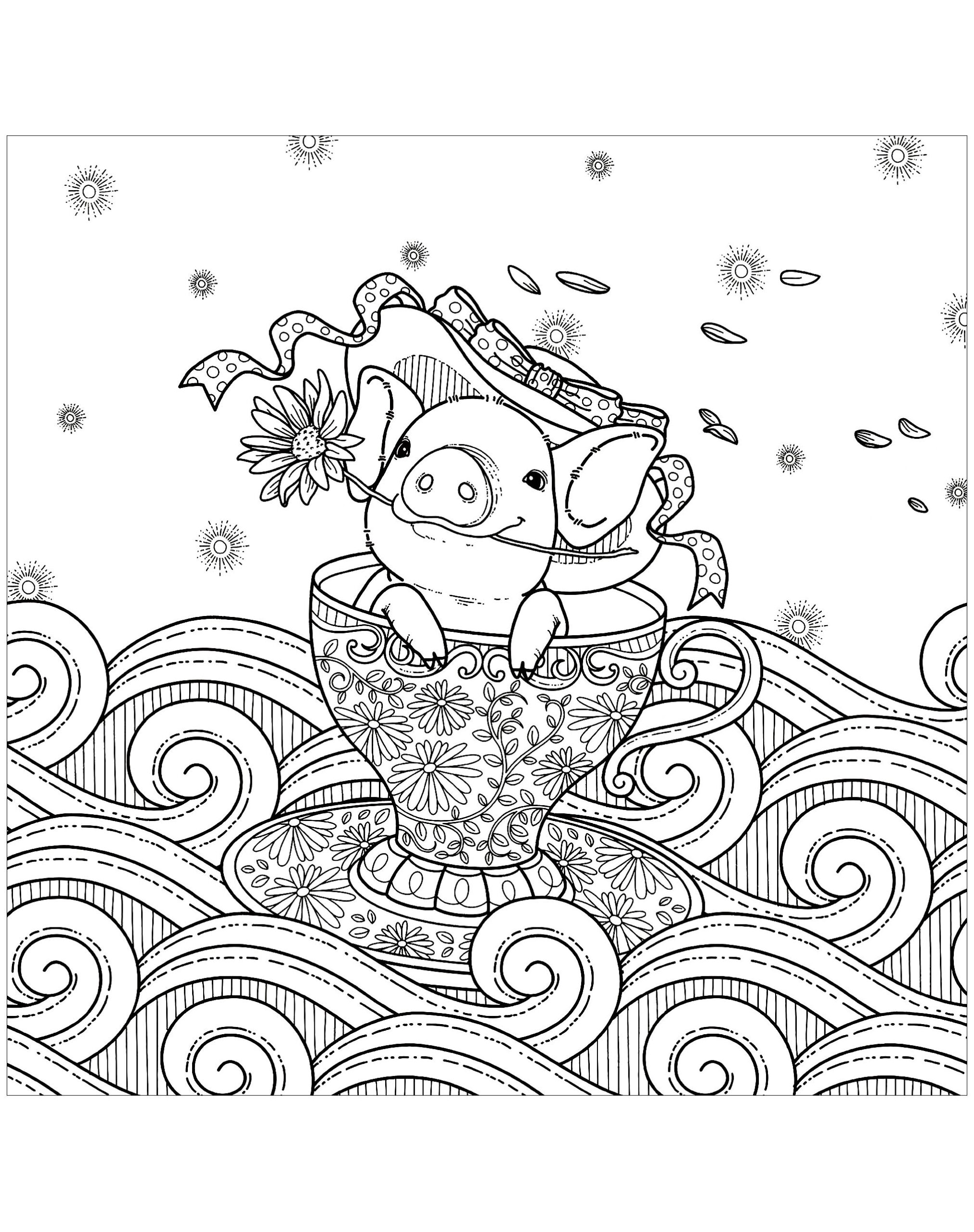 Pig In A Cup Pigs Coloring Pages For Adults