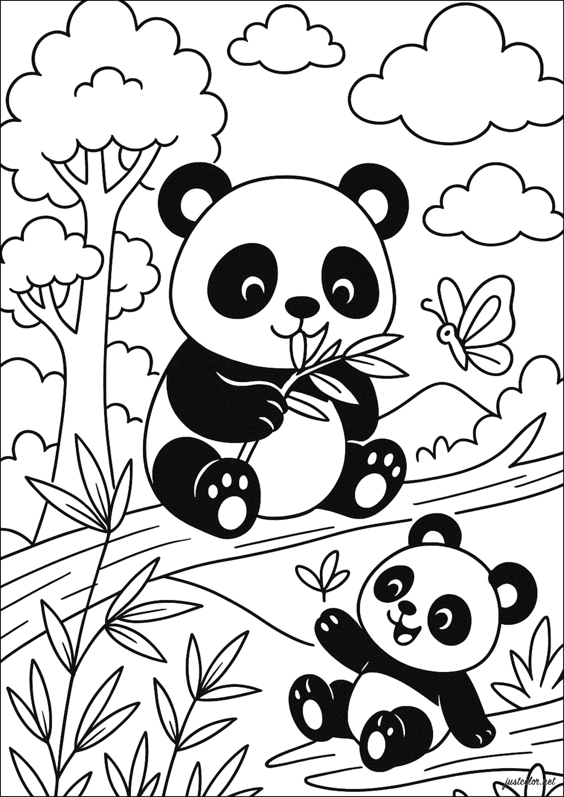 Playful Pandas In A Forest Panda Coloring Pages
