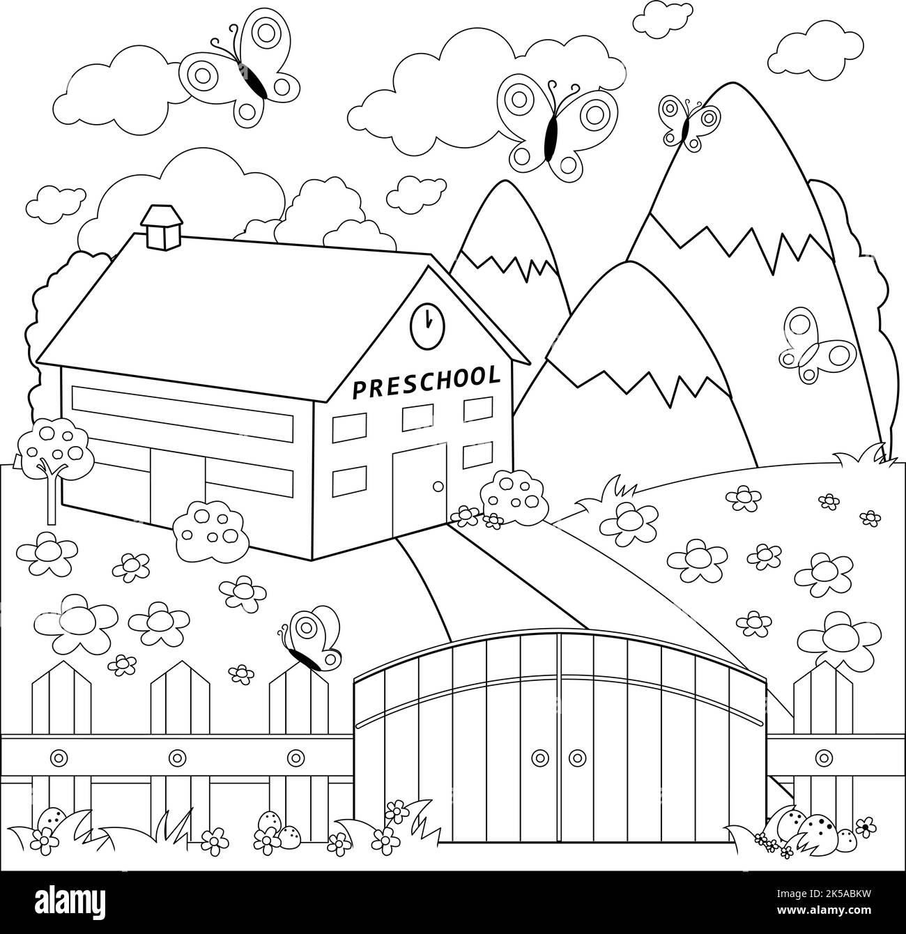 Preschool Building And A Wooden Fence Vector Black And White Coloring Page Stock Vector Image Art Alamy