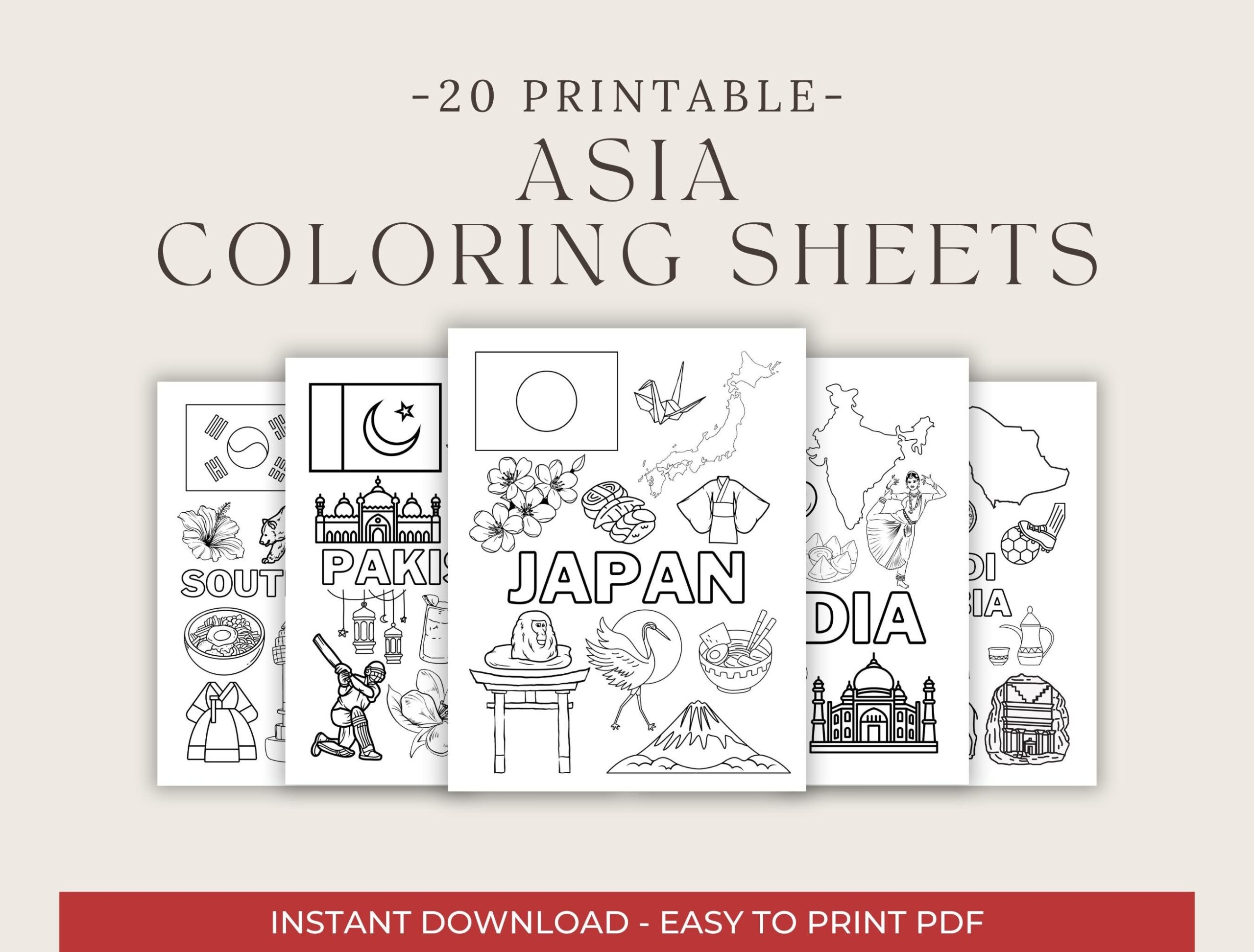 Printable Asia Countries Coloring Book Sheets For Kids Homeschool Learning And Education Etsy