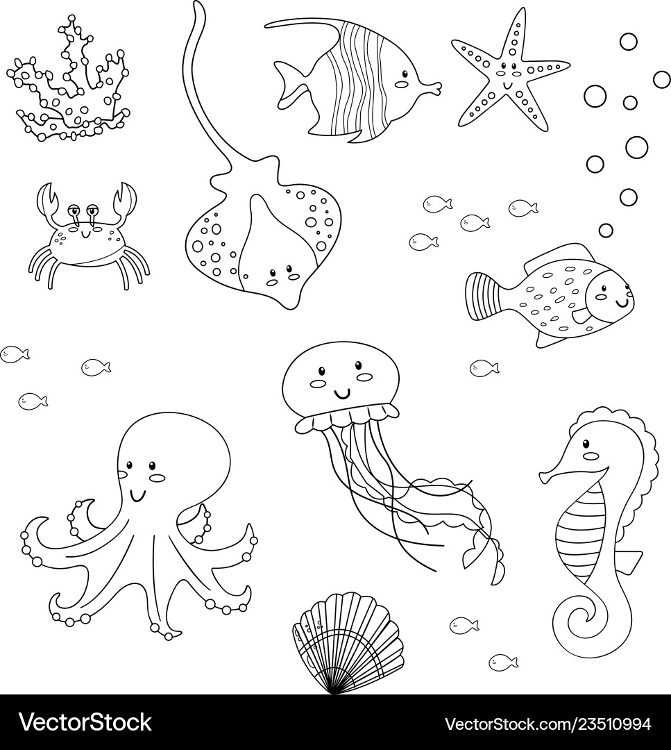 Sea Animal Coloring Page Set Royalty Free Vector VectorStock