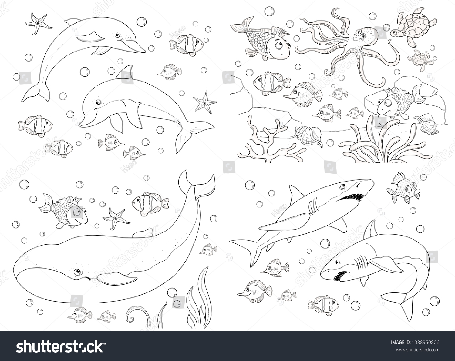 Set Cute Sea Animals Ocean Coloring Stock Illustration 1038950806 Shutterstock