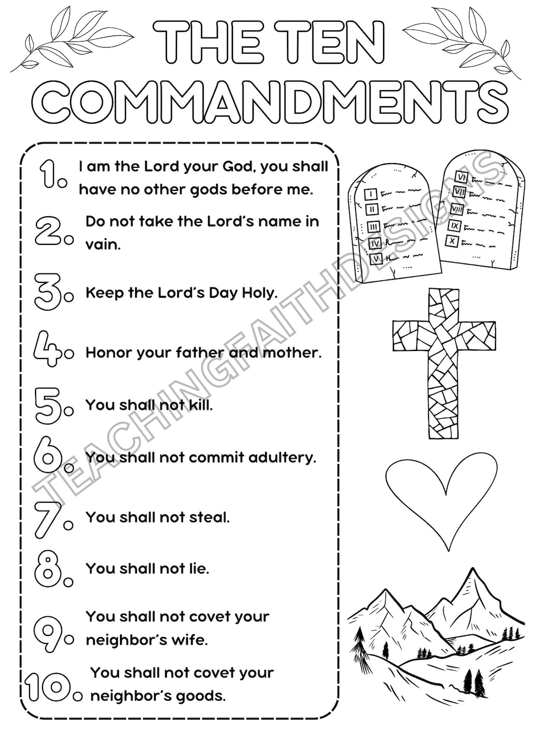 Simple Catholic Ten Commandments Coloring Sheet For Kids Etsy