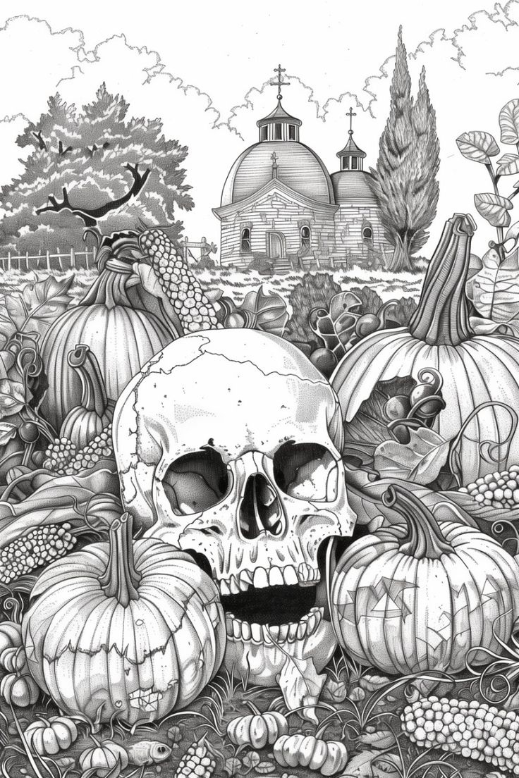 Skull And Pumpkin Patch Scene Free Printable Coloring Page