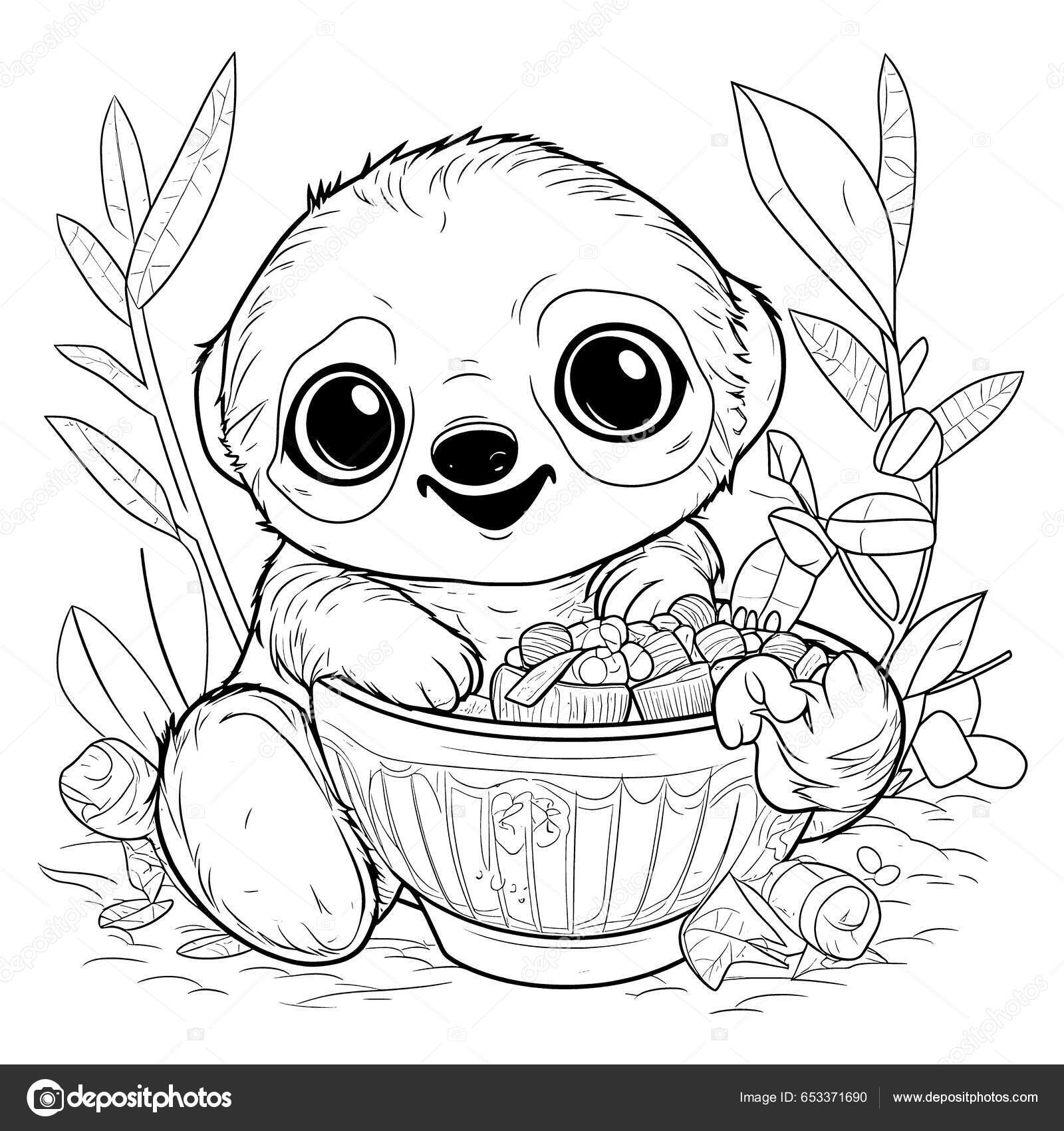 Sloth Black White Coloring Pages Kids Simple Lines Cartoon Style Stock Vector By 9george 653371690