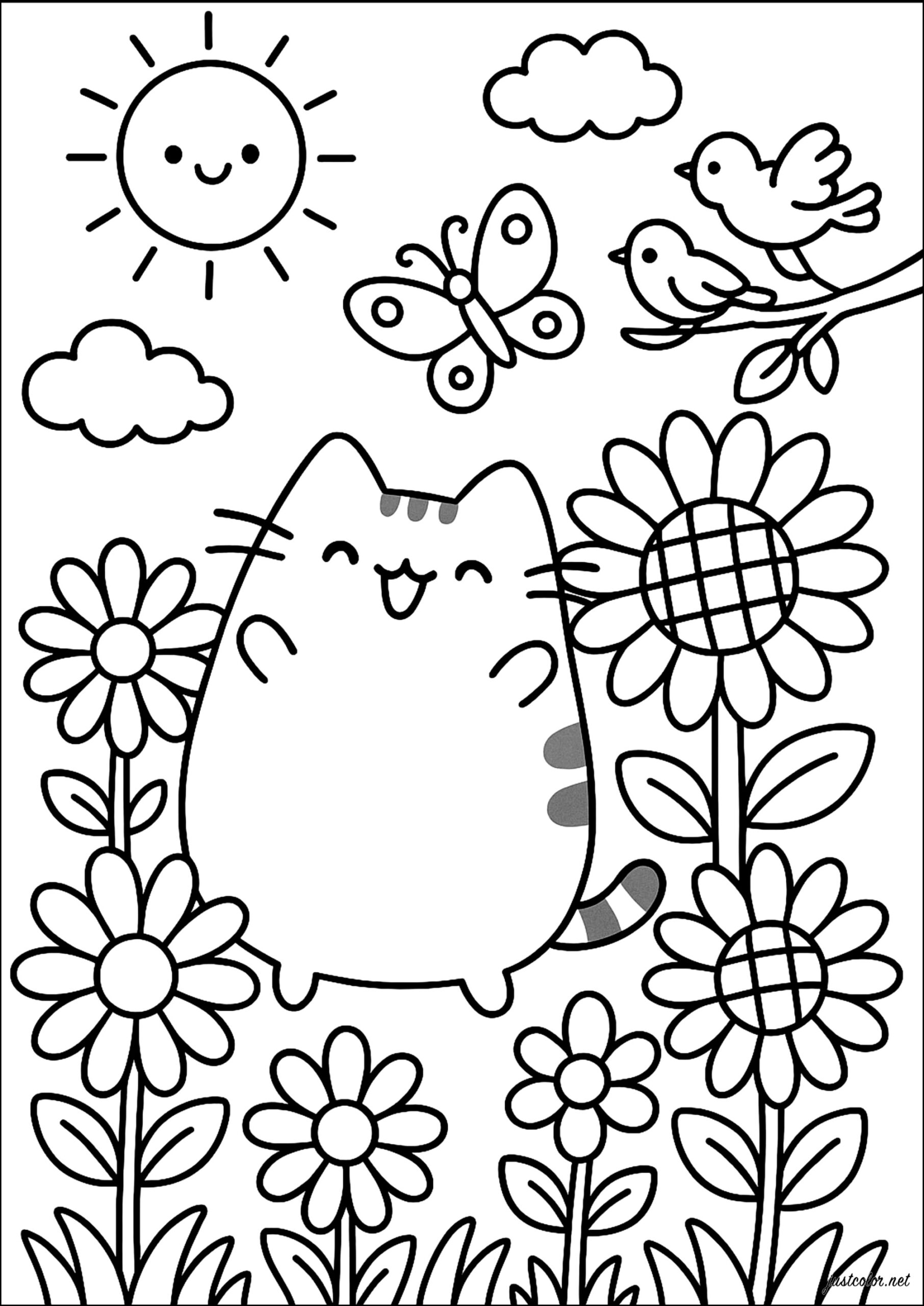 Smiling Cat In The Sunny Garden Pusheen Coloring Pages