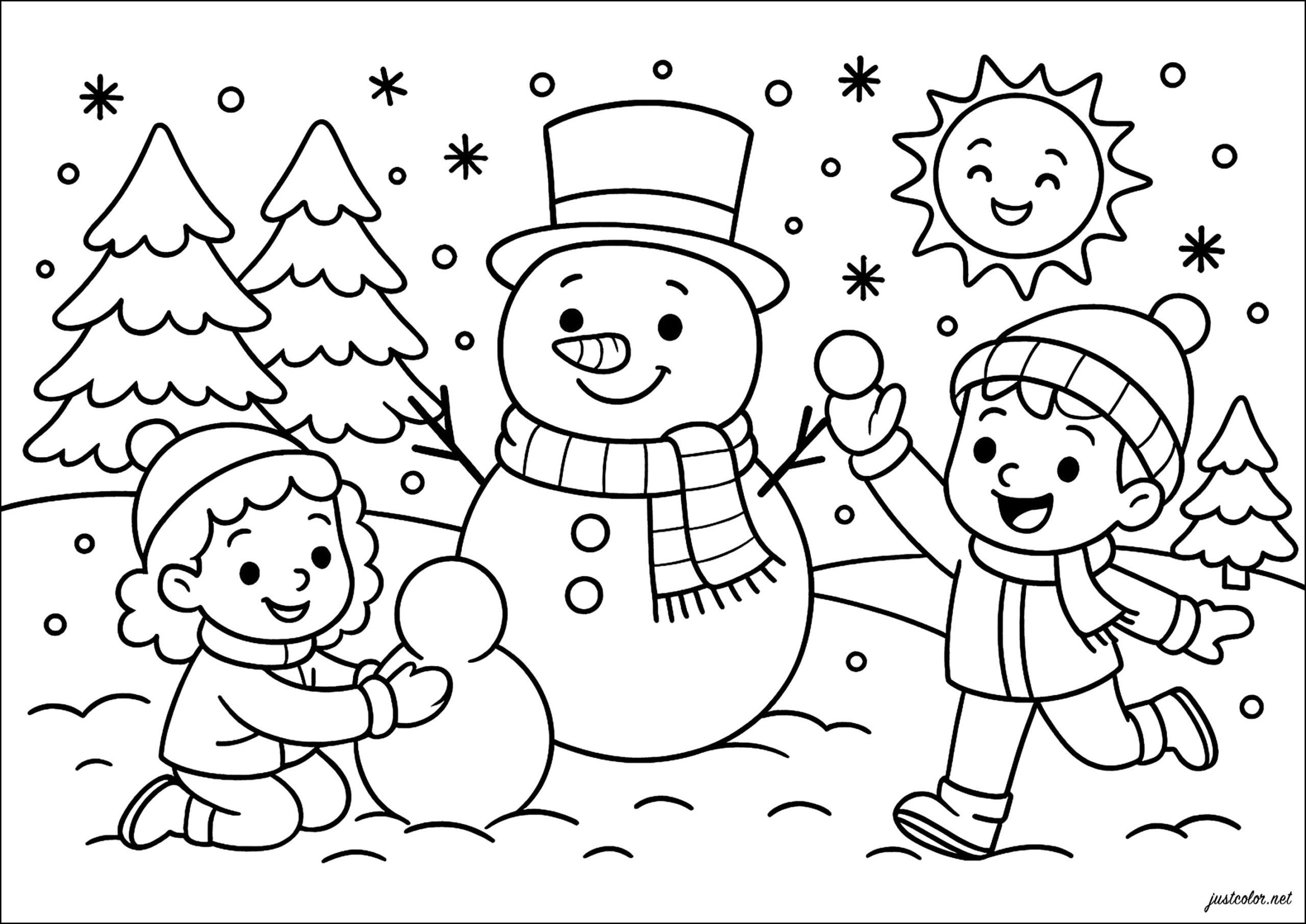 Snowman Surrounded By Children Winter Coloring Pages