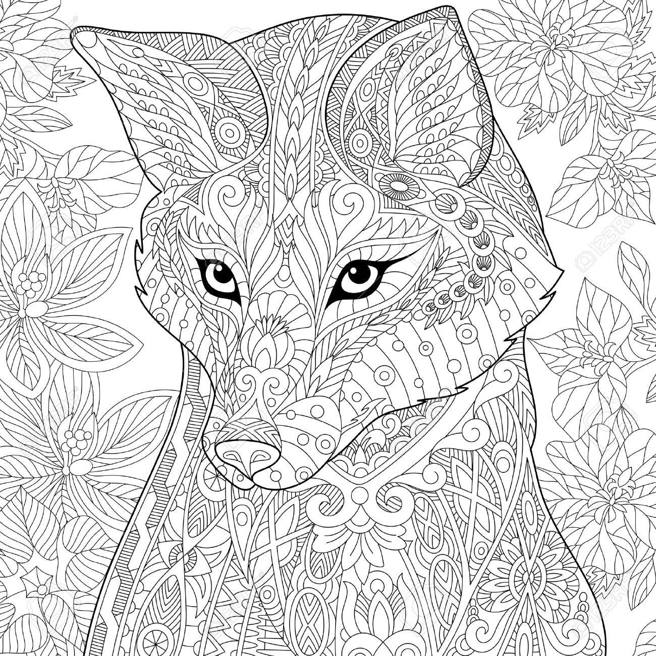 Stylized Cartoon Wild Fox Animal And Hibiscus Flowers Freehand Sketch For Adult Anti Stress Coloring Book Page With Doodle And Zentangle Elements Royalty Free SVG Cliparts Vectors And Stock Illustration Image 70128109 