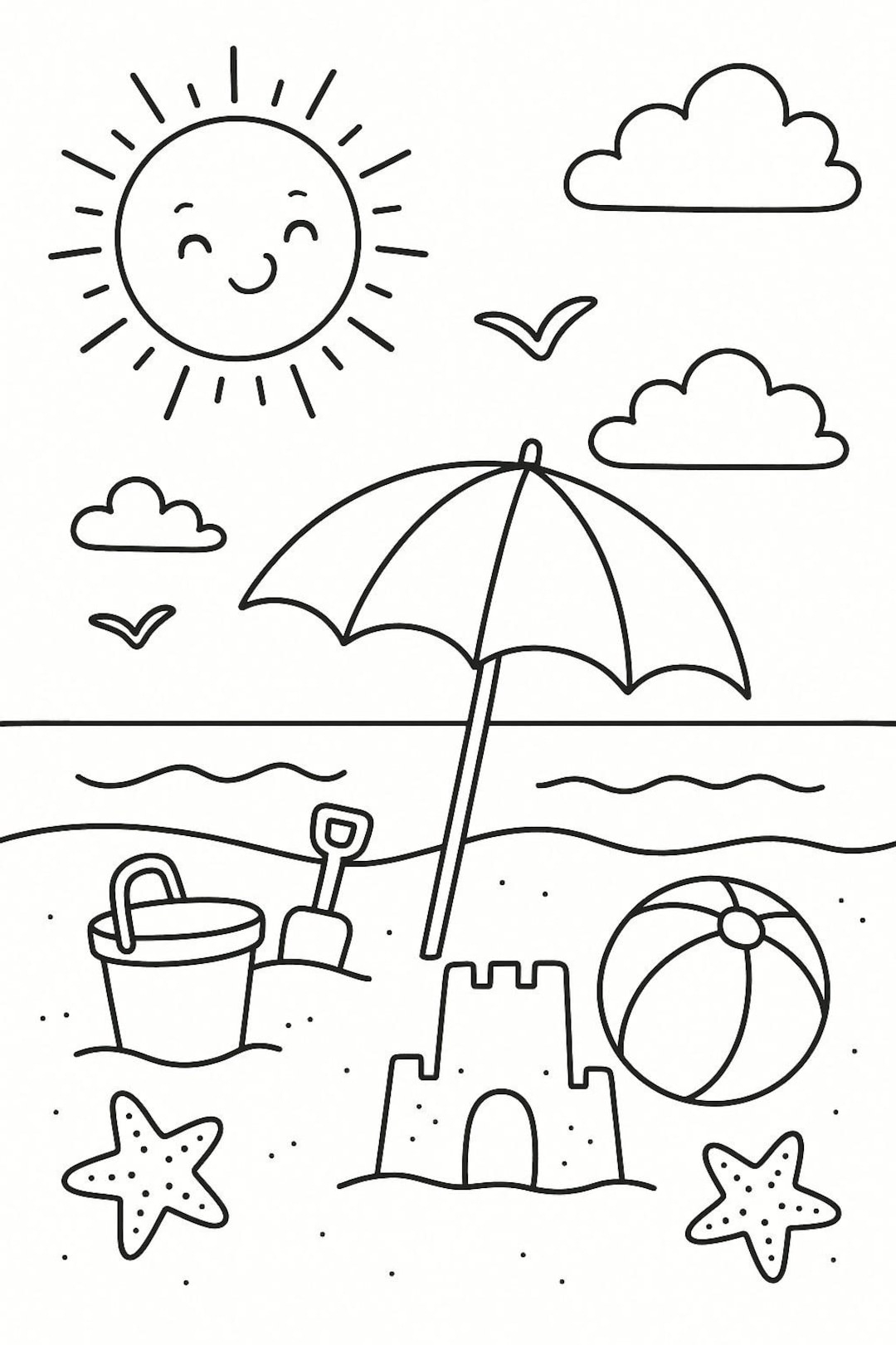 Summer Coloring Page For Kids Printable Beach Scene With Sandcastle Umbrella Sun Fun Summer Activity Sheet Instant Download Etsy