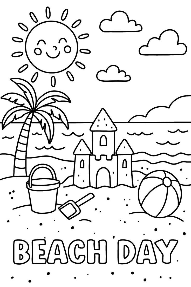 Summer Coloring Page For Kids Printable PNG Beach Day Activity Sheet Instant Download Fun Summer Break Art For Preschool Element