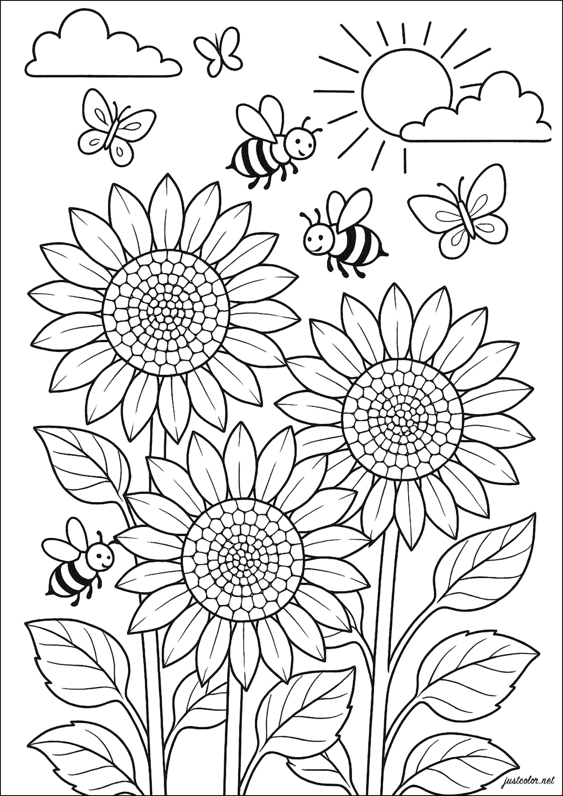 Sunflowers And Bees Flower Coloring Pages For Kids