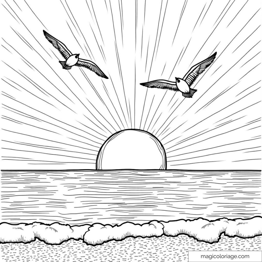 Sunset Coloring Page With Birds In Flight