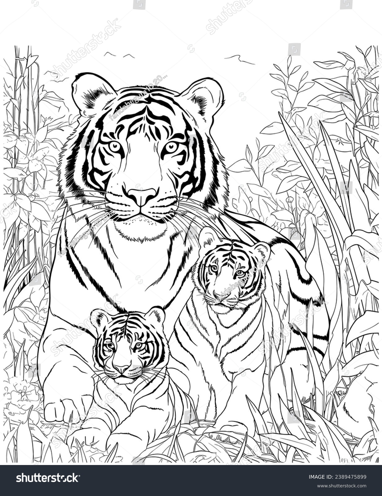 Tiger Mom Baby Hunting Jungle Coloring Stock Vector Royalty Free 2389475899 Shutterstock