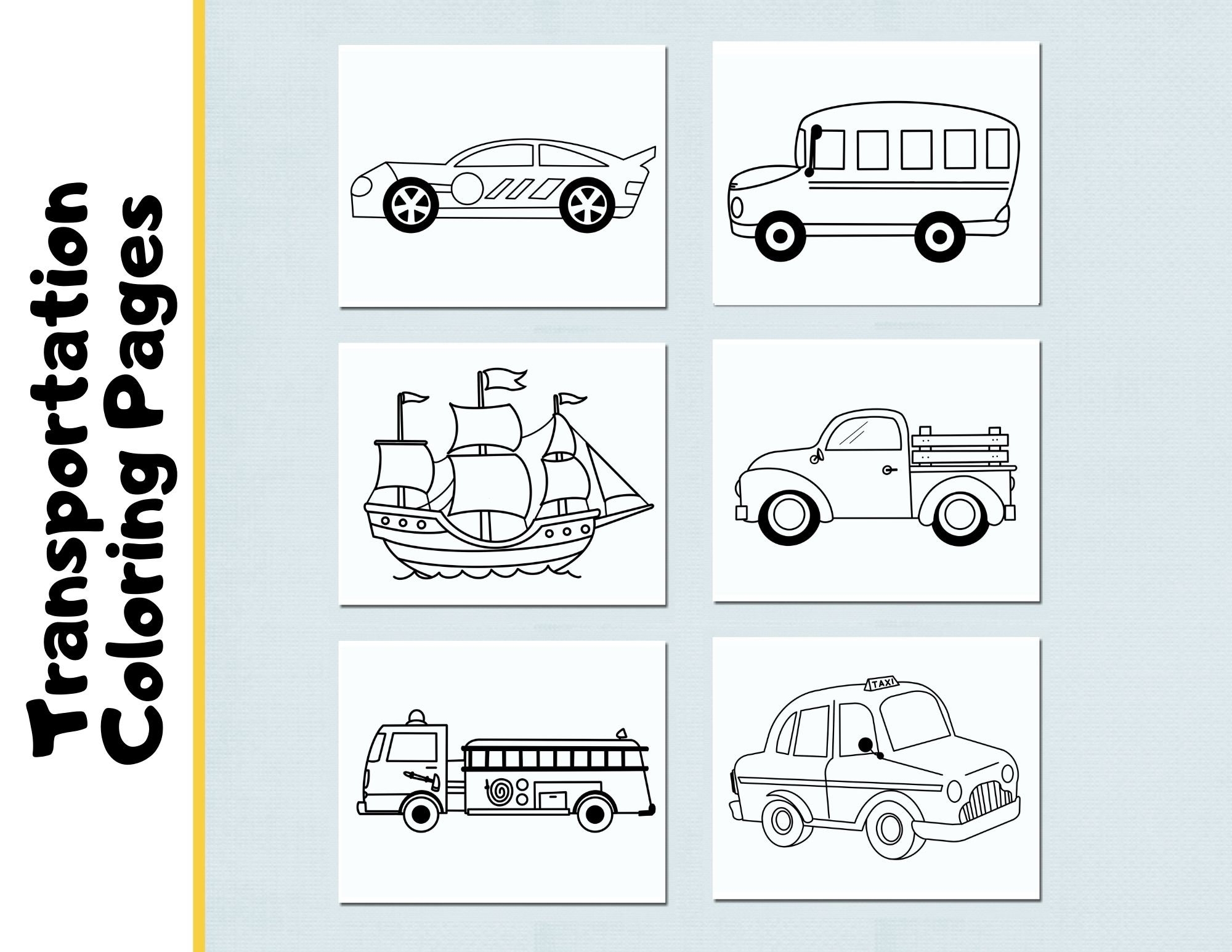 Transportation Coloring Pages Kids Coloring Pages Things That Go Coloring Pages Firetruck Bus Boat Racecar Etsy