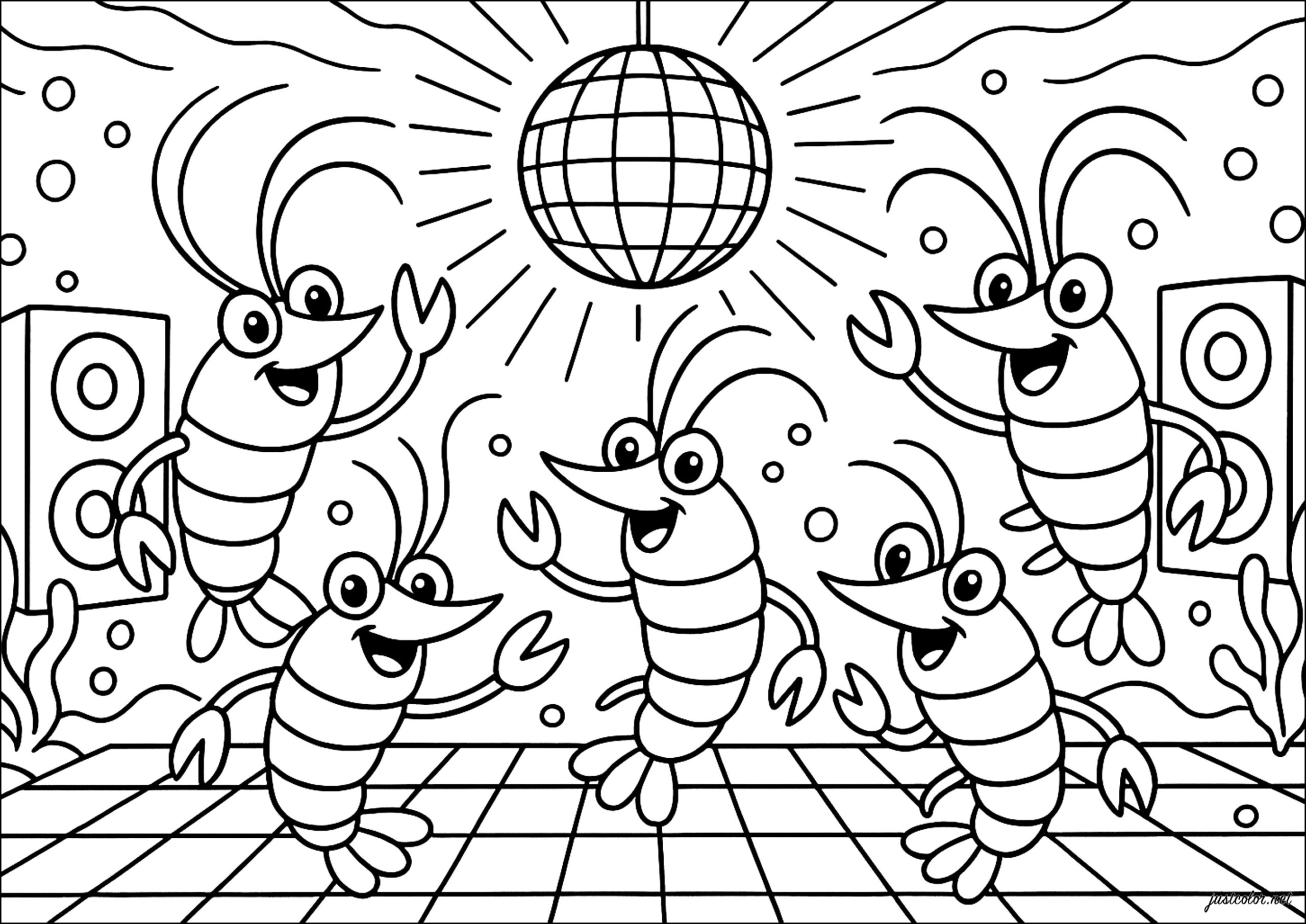 Underwater Party With Dancing Shrimp Sea Creatures Coloring Pages