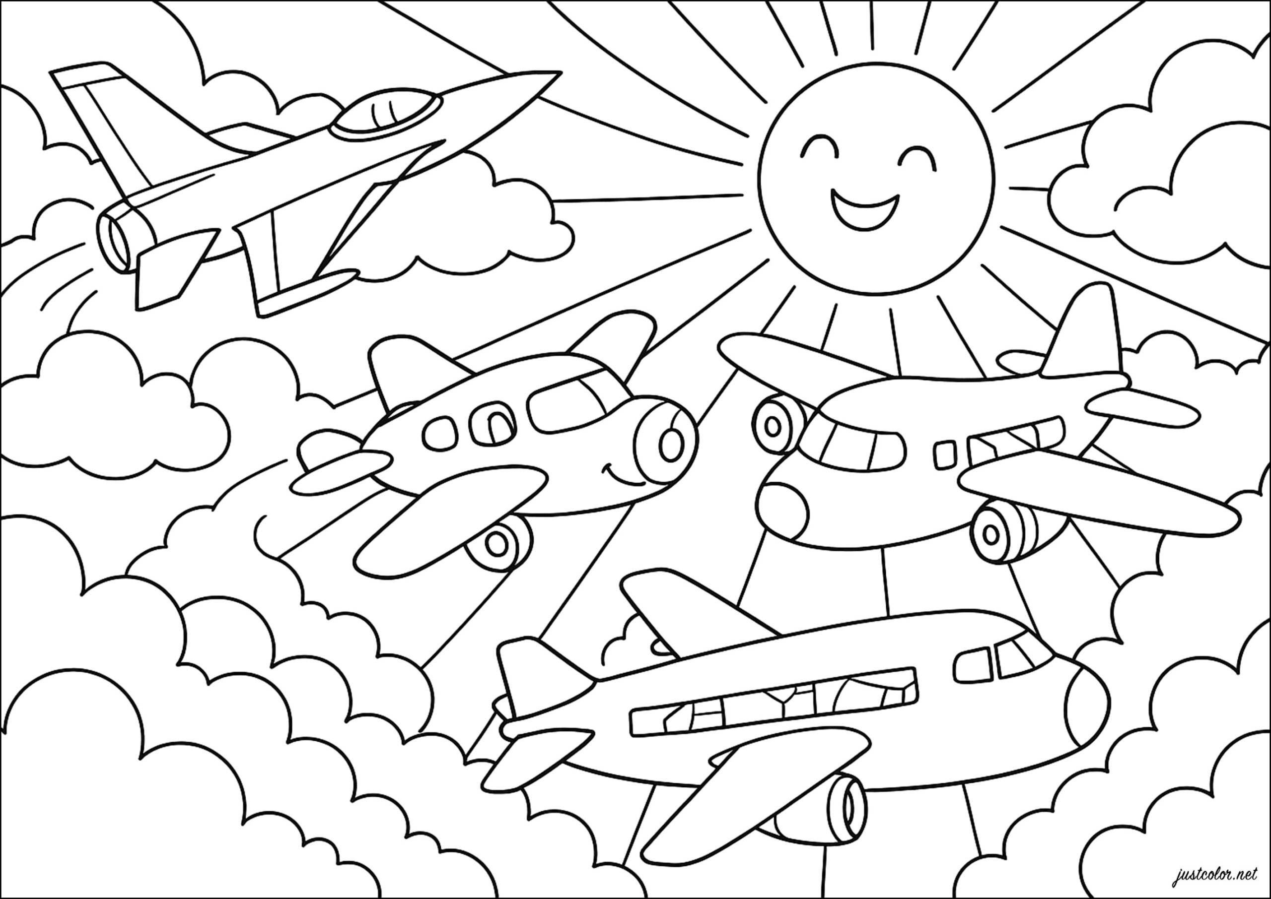 Various Types Of Aircraft In The Sky Transport Coloring Pages