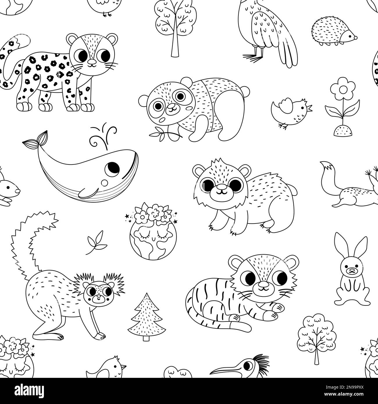 Vector Black And White Endangered Species Seamless Pattern Cute Extinct Animals Repeat Background Funny Digital Paper Or Coloring Page For Kids With Stock Vector Image Art Alamy